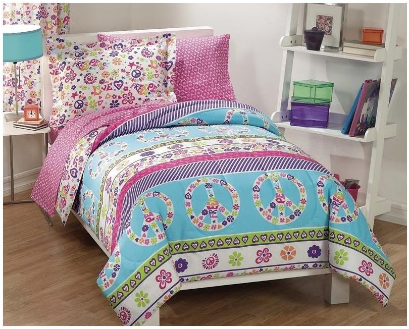 Dream Factory Peace And Love Peace Signs Girls Comforter Set, Multi-Colored, Twin