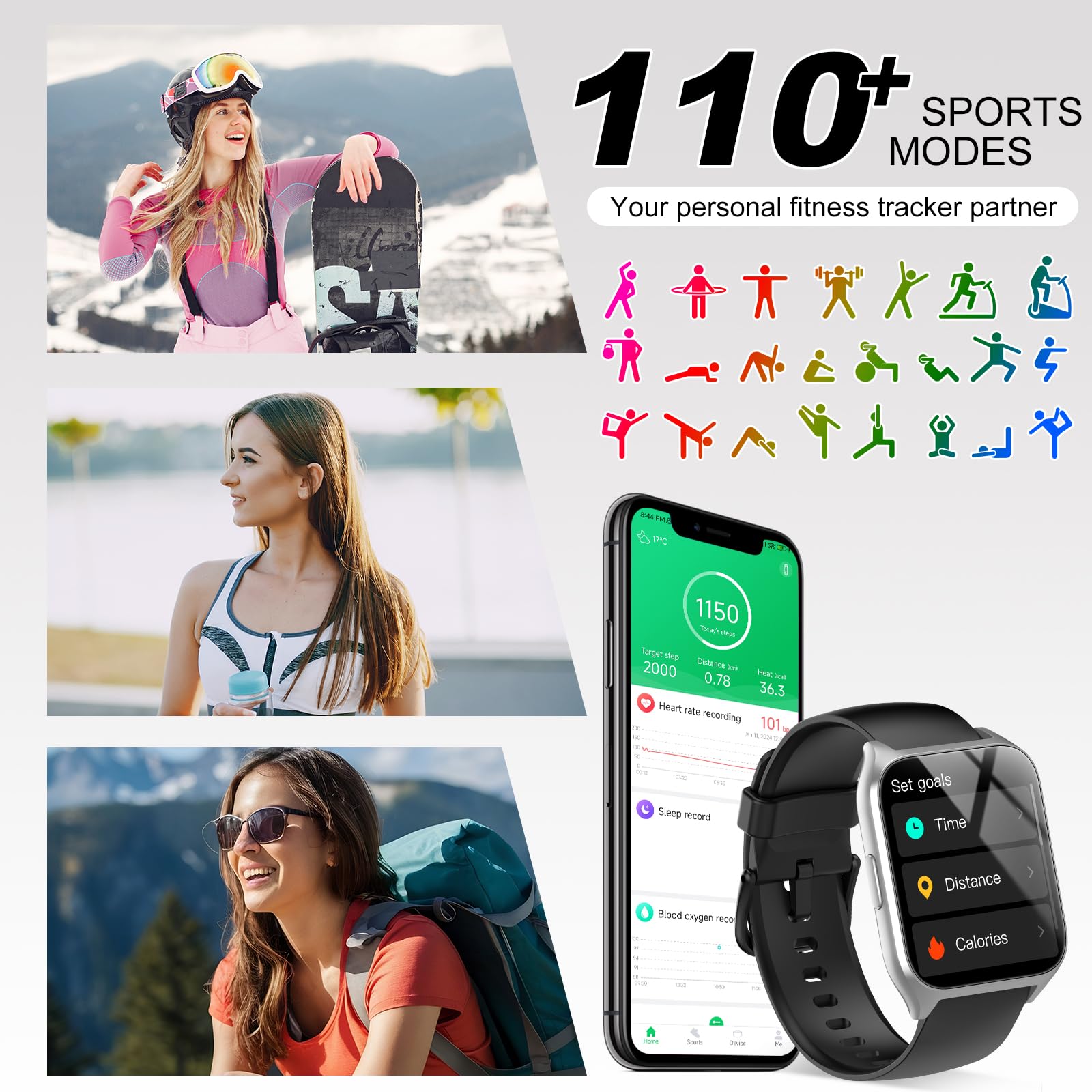 Smartwatch Herren Damen, 1,85" HD Touchscreen Smart Watch mit Telefonfunktion, 100+ Sportmodi Sportuhr mit Schrittzähler/Herzfrequenzmonitor/Schlafmonitor, IP68 Wasserdicht Fitnessuhr für iOS Android