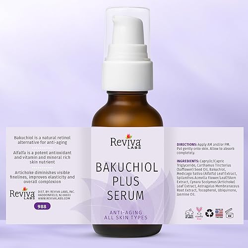 Miniatura 7 de Reviva Labs Suero Bakuchiol  Suero alternativo al retinol natural para la cara con alfalfa y extracto de alcachofa  Fórmula vegana hidratante para