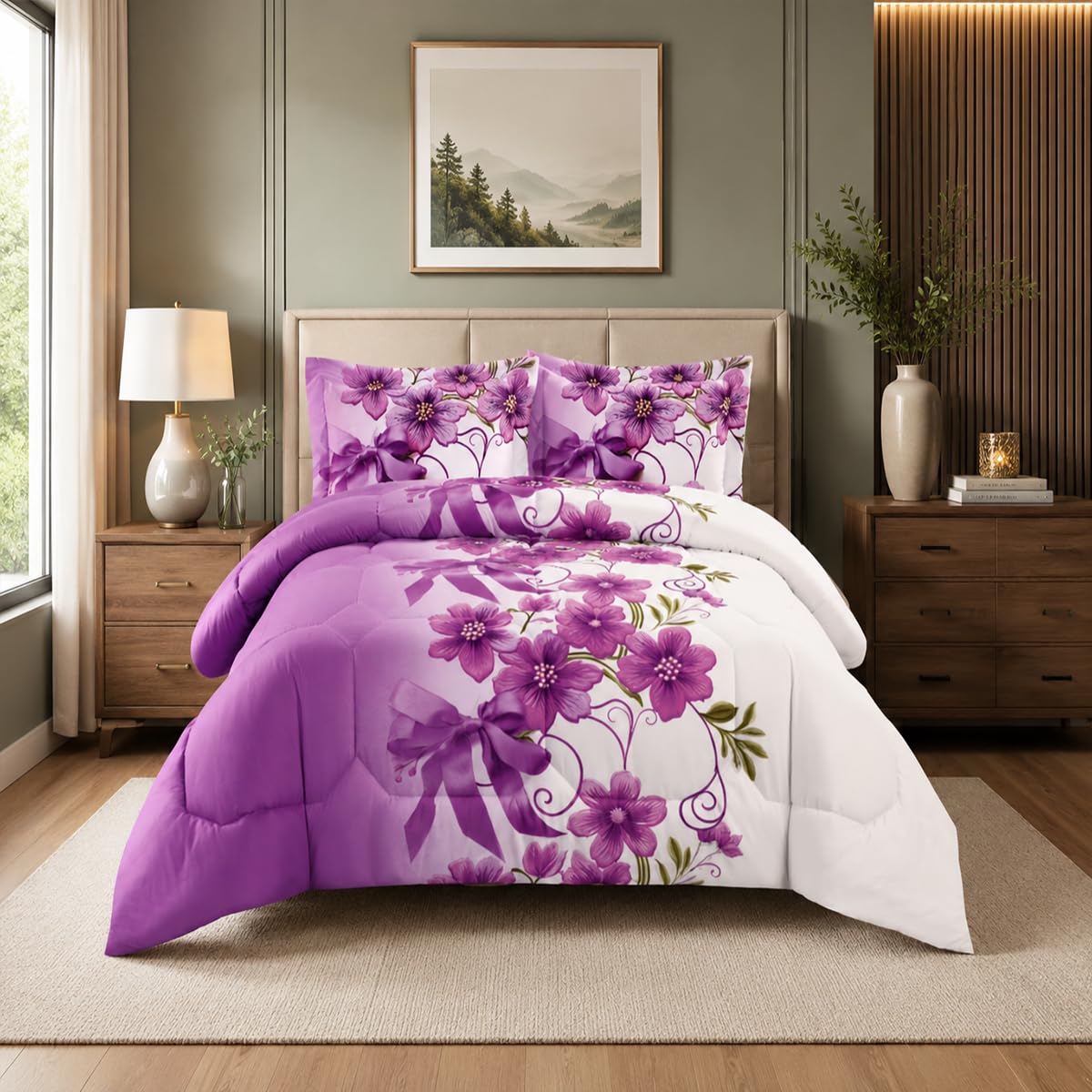 Trendy Printed Super King Bedspread Purple with Matching Pillow Shams Microfiber Front and Reverse 300GSM Polyester Filling Ideal Bed Throw for All Seasons