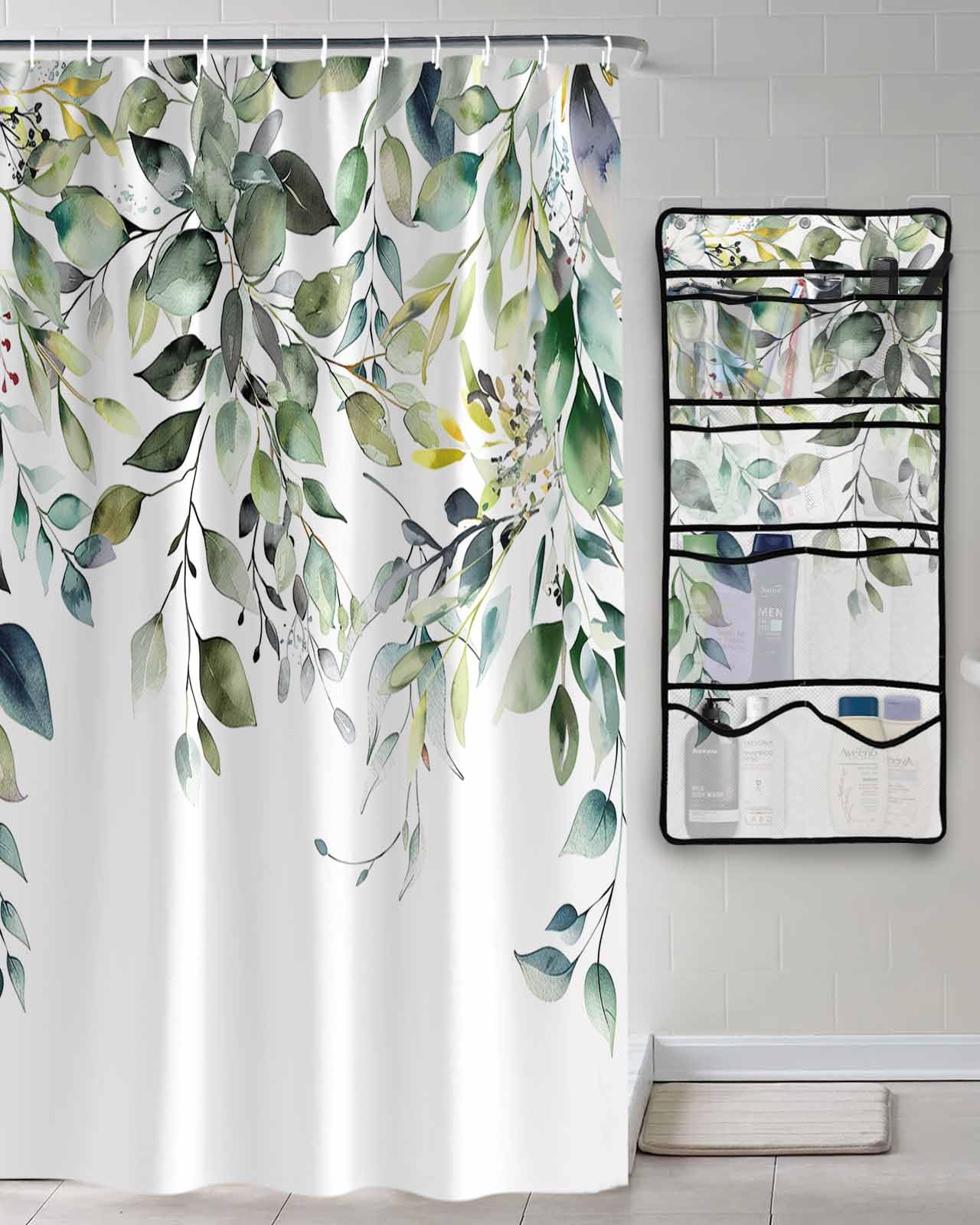 Decorative Shower Curtain Sets Sage Green Leaf Polyester Fabric Waterproof Shower Curtains Country Eucalyptus Leaves Texture White Mesh
