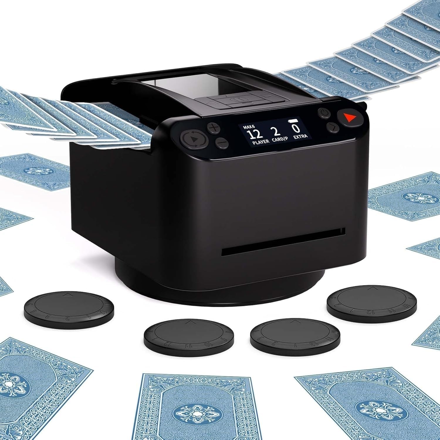 Automatischer Kartenmischer und Austeiler 2-in-1, unterstützt 1-2 Decks, 360° Rotation für 1-12 Spieler, inklusive 4 Fernbedienungen, ideal für Poker, Bridge, Rommé, Zubehör für Familienabende