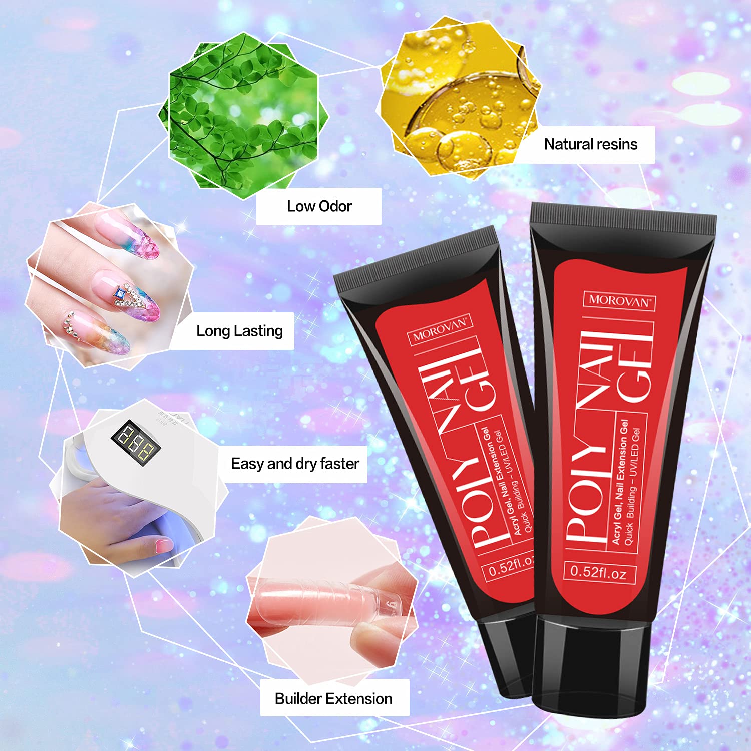 Morovan Poly Extension Gel Nail Kit With Temperature Color/Glitter Extension Gel and Mini Nail Lamp Slip Solution All-in-one French Complete Builder Gel for Beginner