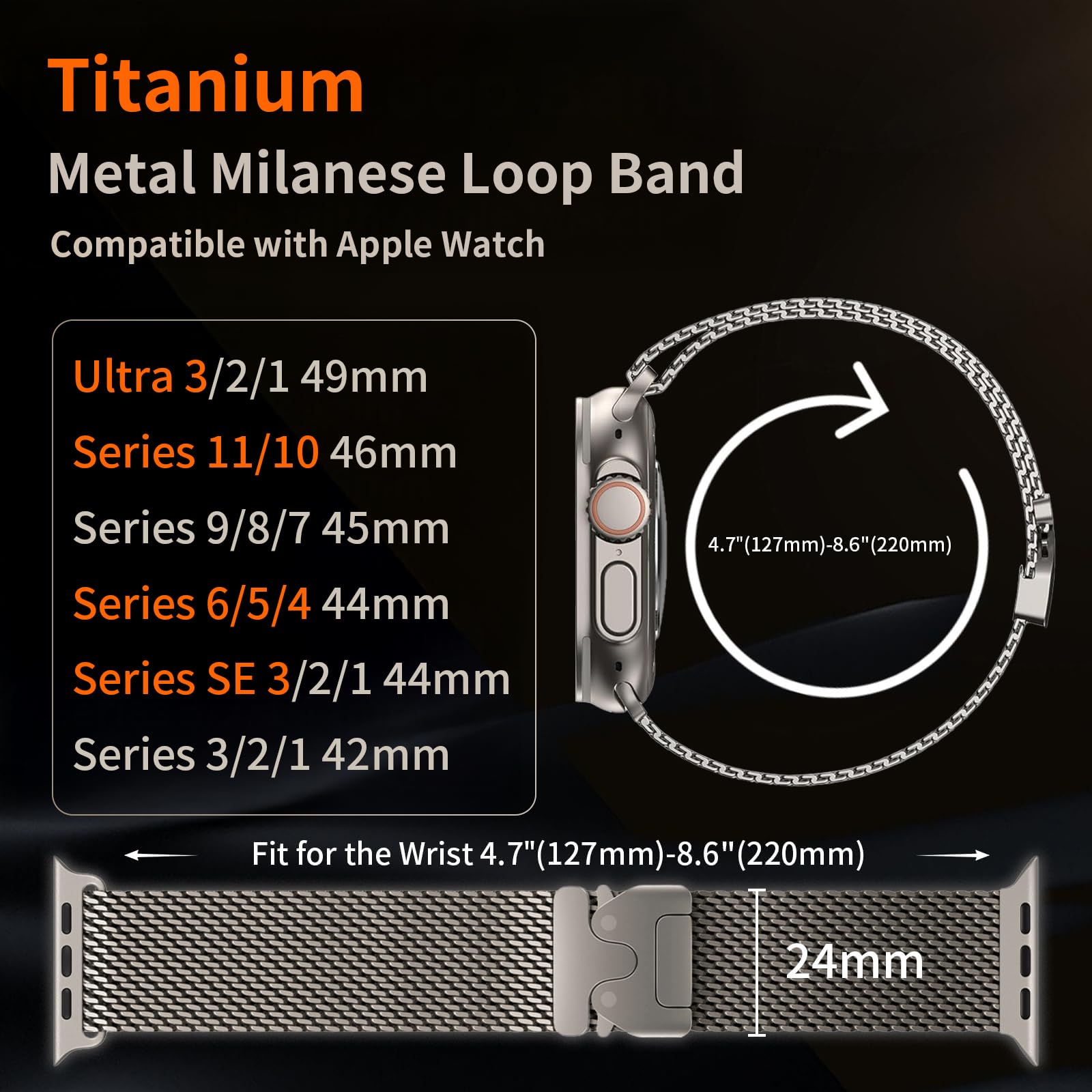 Tytanowy pasek mediolański, kompatybilny z Apple Watch Ultra 3, 2, 1, 49 mm, 46 mm, 45 mm, 44 mm, 42 mm (seria 3, 2, 1), dla kobiet i mężczyzn, metalowy pasek do zegarka iWatch 11, 10, 9, SE, 8, 7, 6