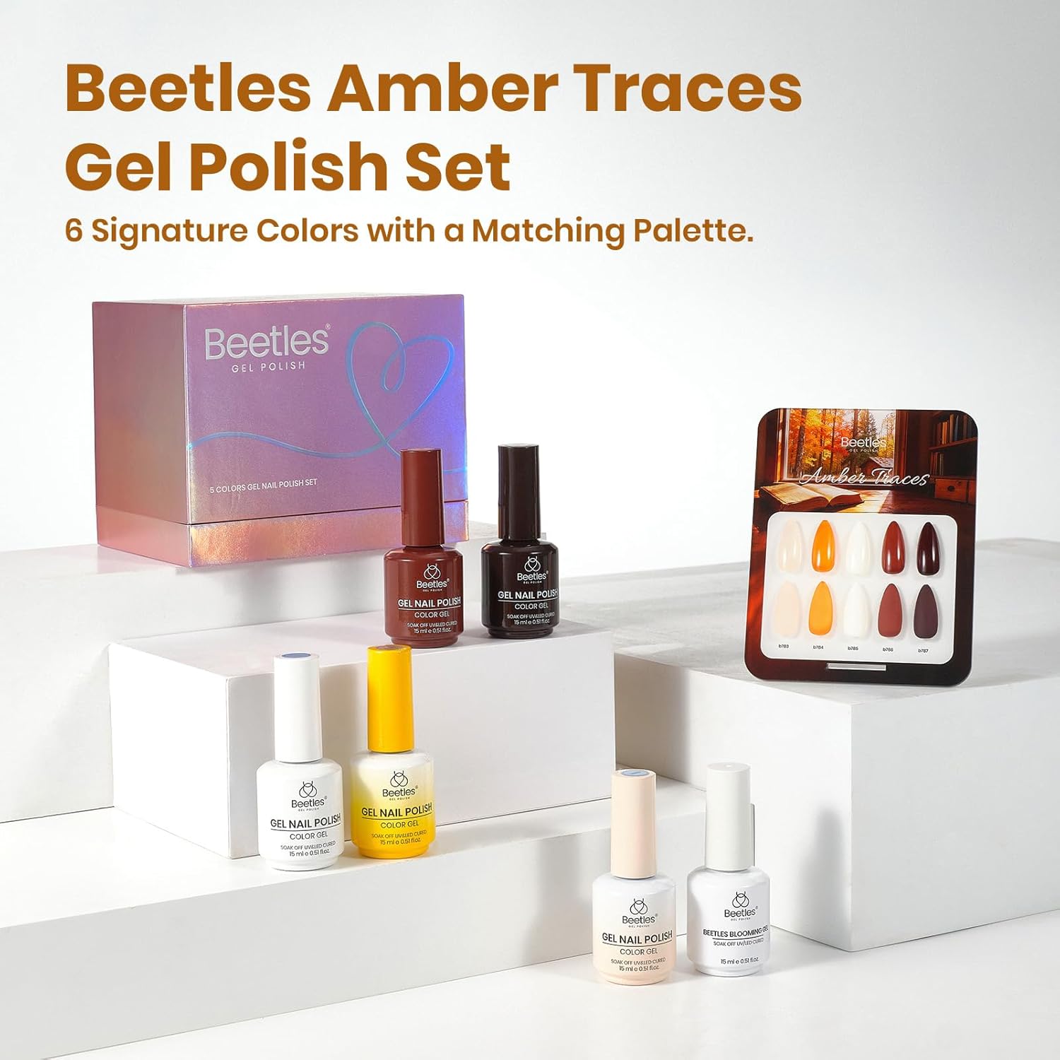 Beetles Blooming Gel Polish Set - Amber Traces 5 Colors Gel Polish Kit White Jelly Nude Brown Amber with 1 Bottle Blooming Gel 15ML Full Size Soak Off Uv Nail Art Gfit for Women