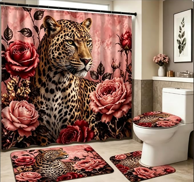 4 PCS Pink Cheetah Bathroom Curtain Set, Leopard Print Cortinas para Baño - Toilet Lid Cover,Non-Slip Rug and U-Shaped Mat,12 Hooks for Shower Decor,Pink Rose Shower Curtain Girly