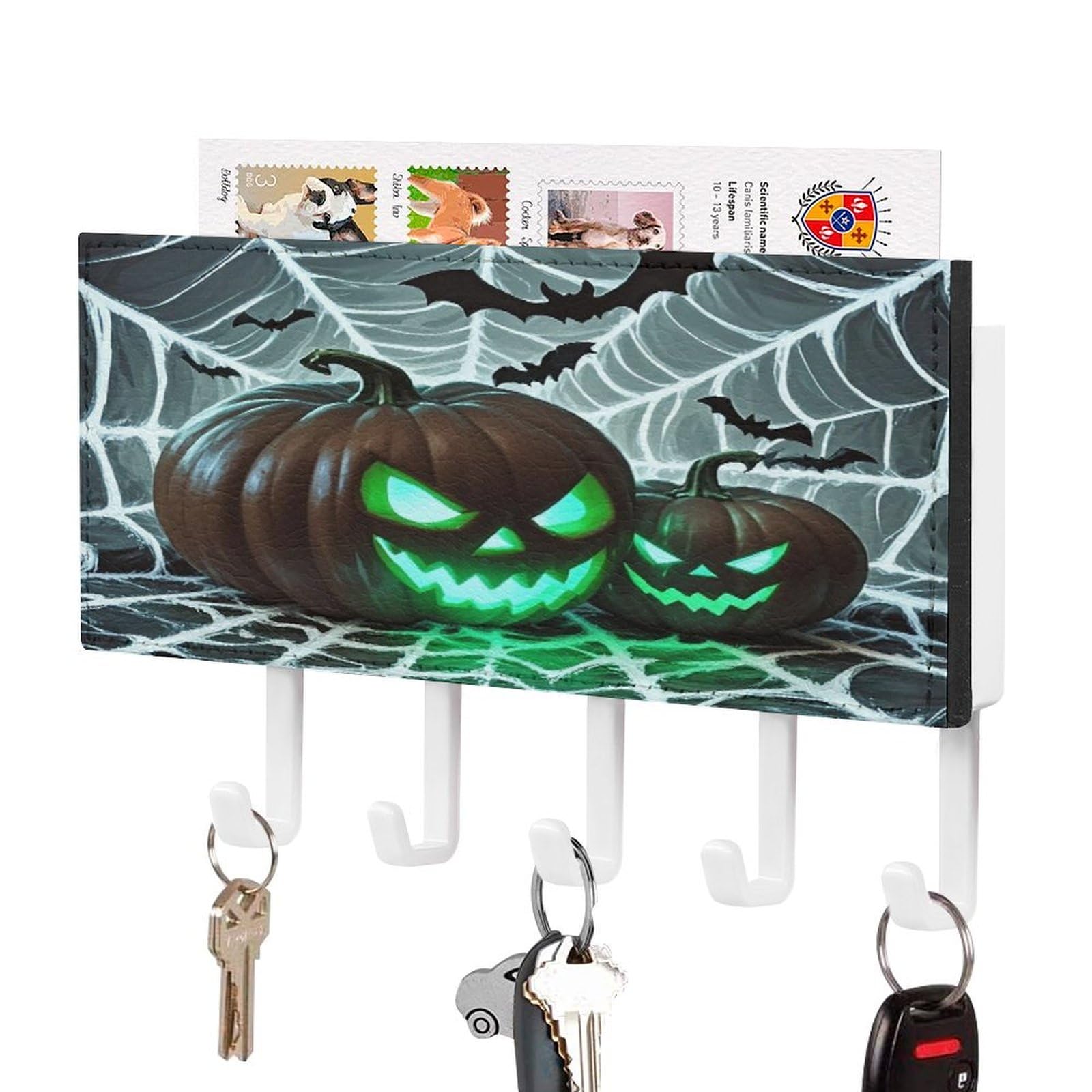 Fekiloot White-Style Green Pumpkin Key Holder Wall Mount Key And Mail Holder Key Hanger With 5 Hooks Decorative Pu Key Rack Hanging Key Hooks For Wall Living Room Kitchen Bathroom Hallway