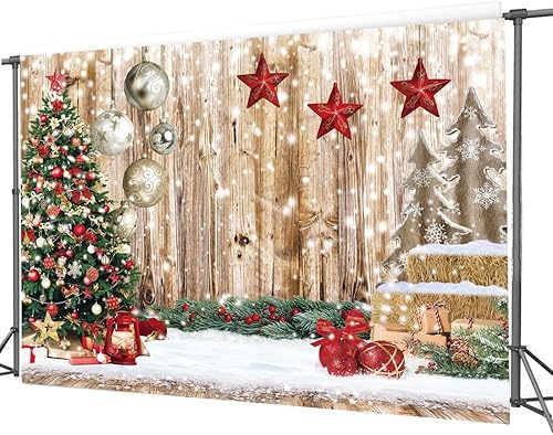 Miniatura 4 de Dudaacvt Telón de fondo de Navidad de 8 x 6 pies, regalo de árbol de Navidad, fondo de piso de madera vintage de nieve, fondo de fiesta de Año