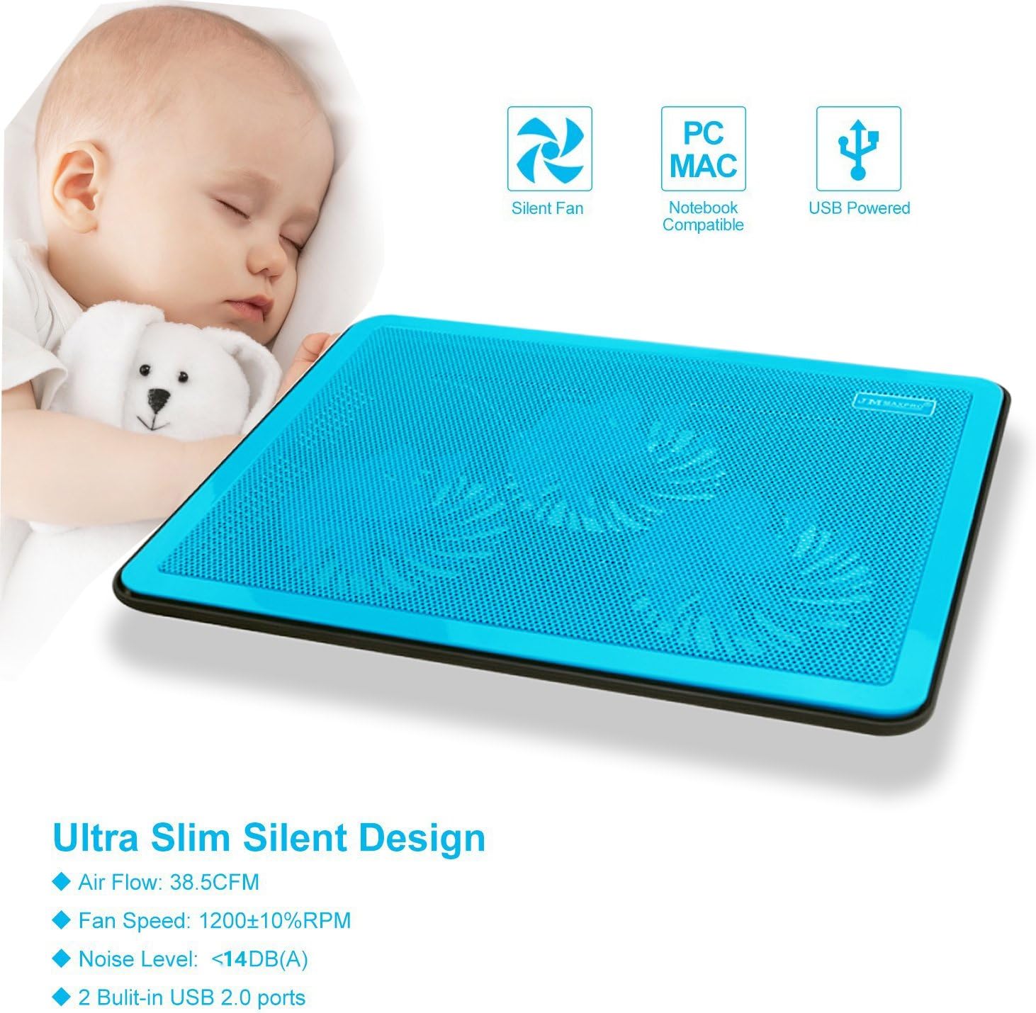 HOTOTT 15"-17" Ultra Slim Laptop Cooling Pad Cooler 3 Quiet Fans Laptop Chill Mat with Dual USB Ports and LED Lights-(blue)