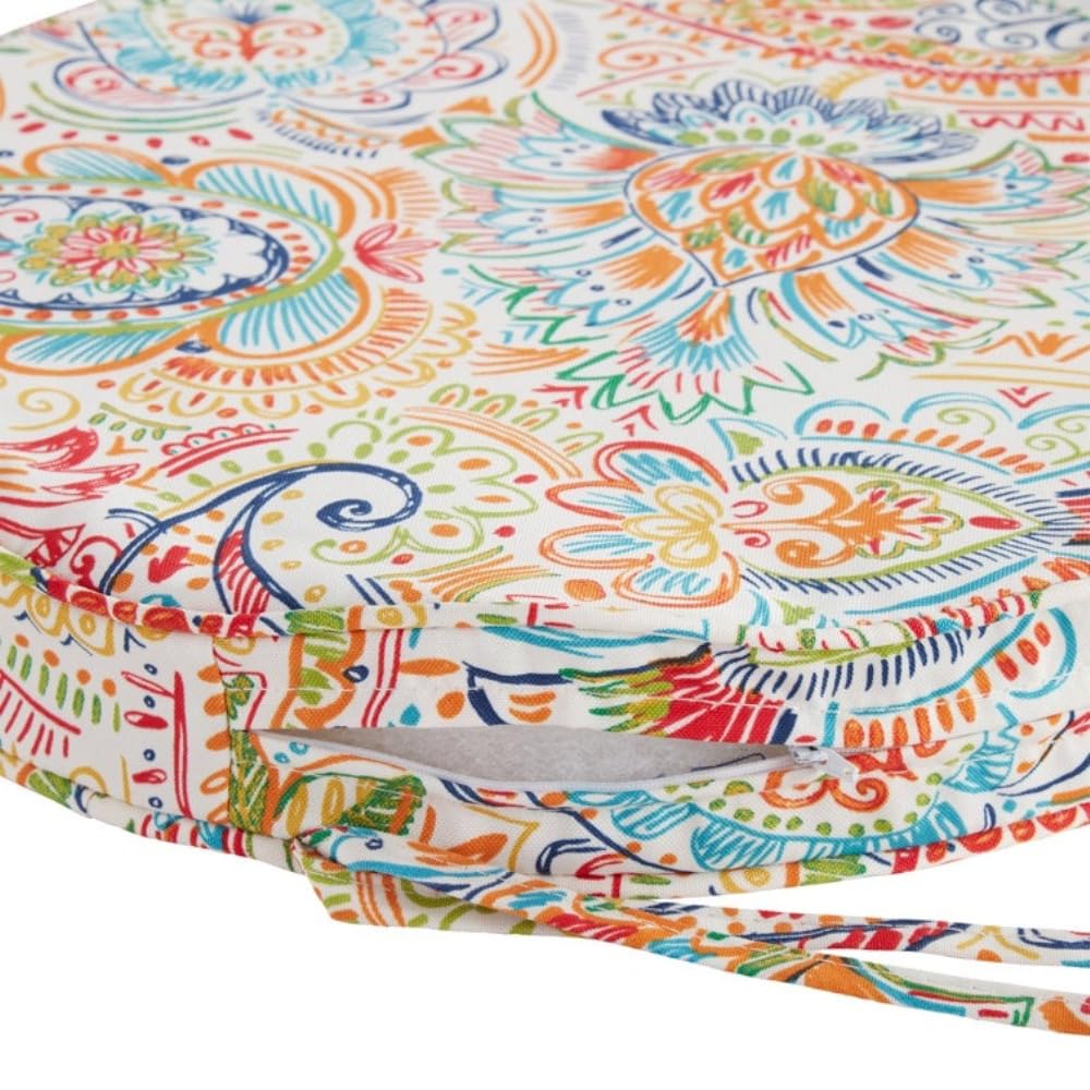 Set of 2 Round White & Multi Color Outdoor Patio Dining Chair Cushions with 2 Ties | 18'' W X 18'' D X 2.5'', UV Water Fade Stain Resistant | Box Edging with Cord Trim, Zipper Closure Removable Cover