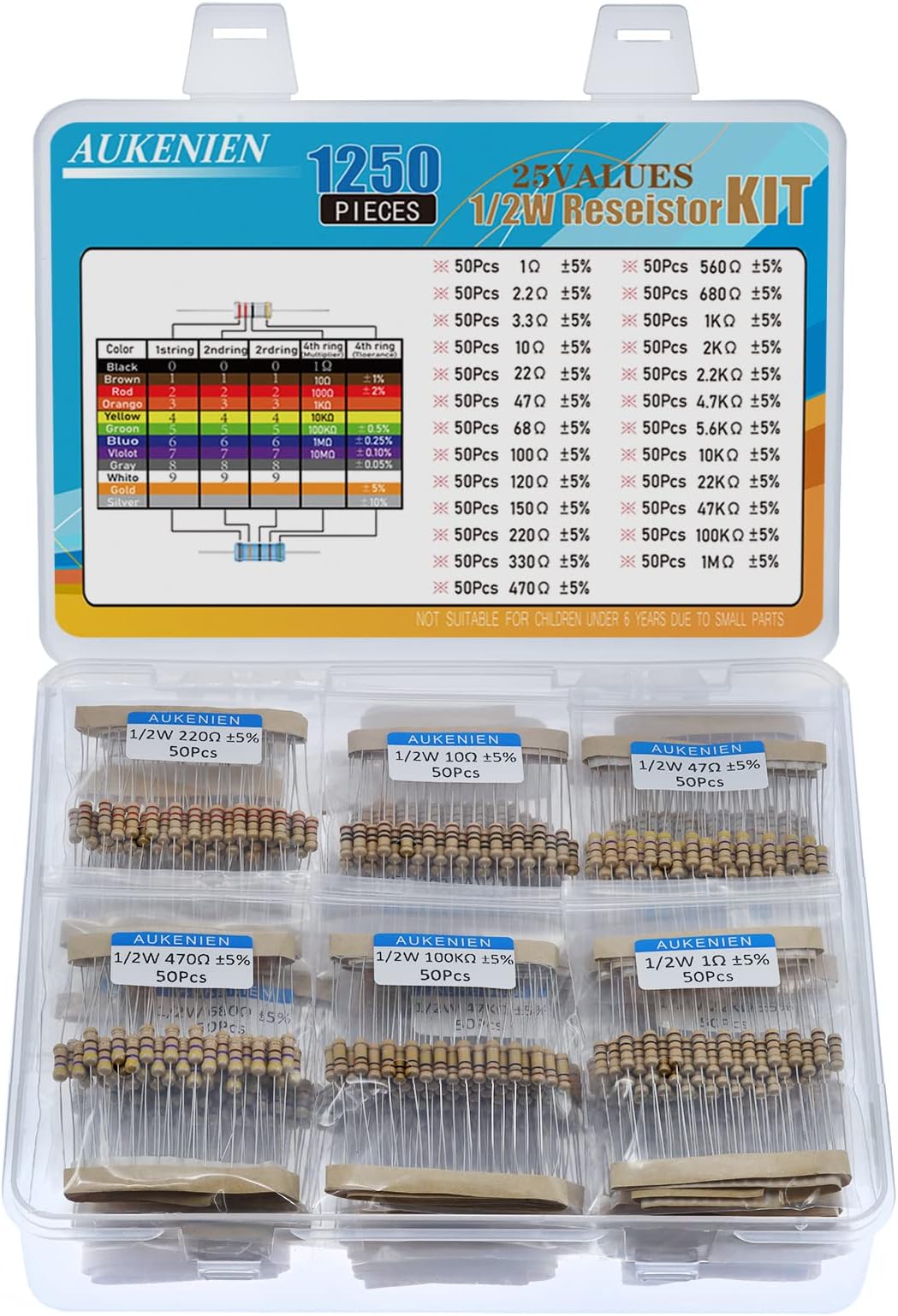 AUKENIEN 25 Values 1250 Pieces 1/2W Electrical Electrical Resistors Kit Carbon Film 5% 1 2.2 3.3 10 22 47 68 100 120 150 220 330 470 560 680 1K 2.2K 4.2K 7K 5.6 K 10K 22K 47K 100K 1M Ohm