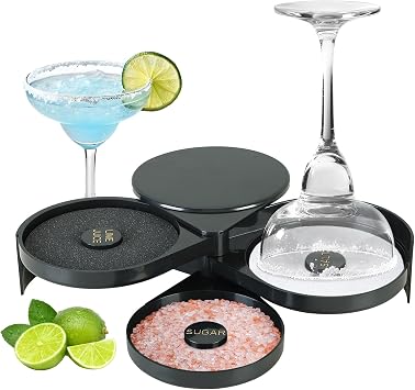 3-Tier Bar Glass Rimmer Bartender Tool with Sponge | Margarita Salt Rimmer Set with 3-Tray, Black Plastic Salt Sugar Lime Juice Rimmer Box for Cocktails Margaritas