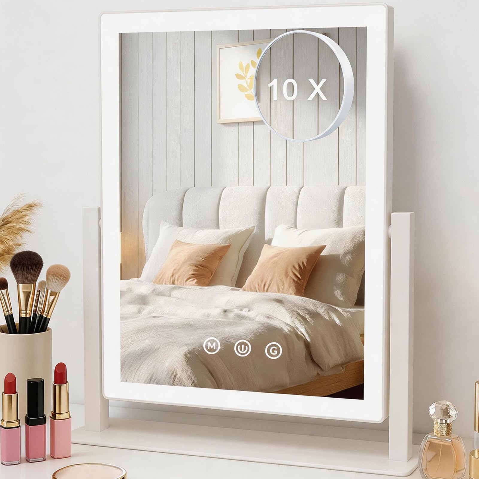 AIMAX Miroir Coiffeuse de Maquillage Lumineux, 27,5 x 37,5 cm, Rotation à 360°, Miroir cosmétique avec LED, 3 Modes d'éclairage et intensité Variable, contrôle Tactile, Miroir de Table pour Coiffeuse