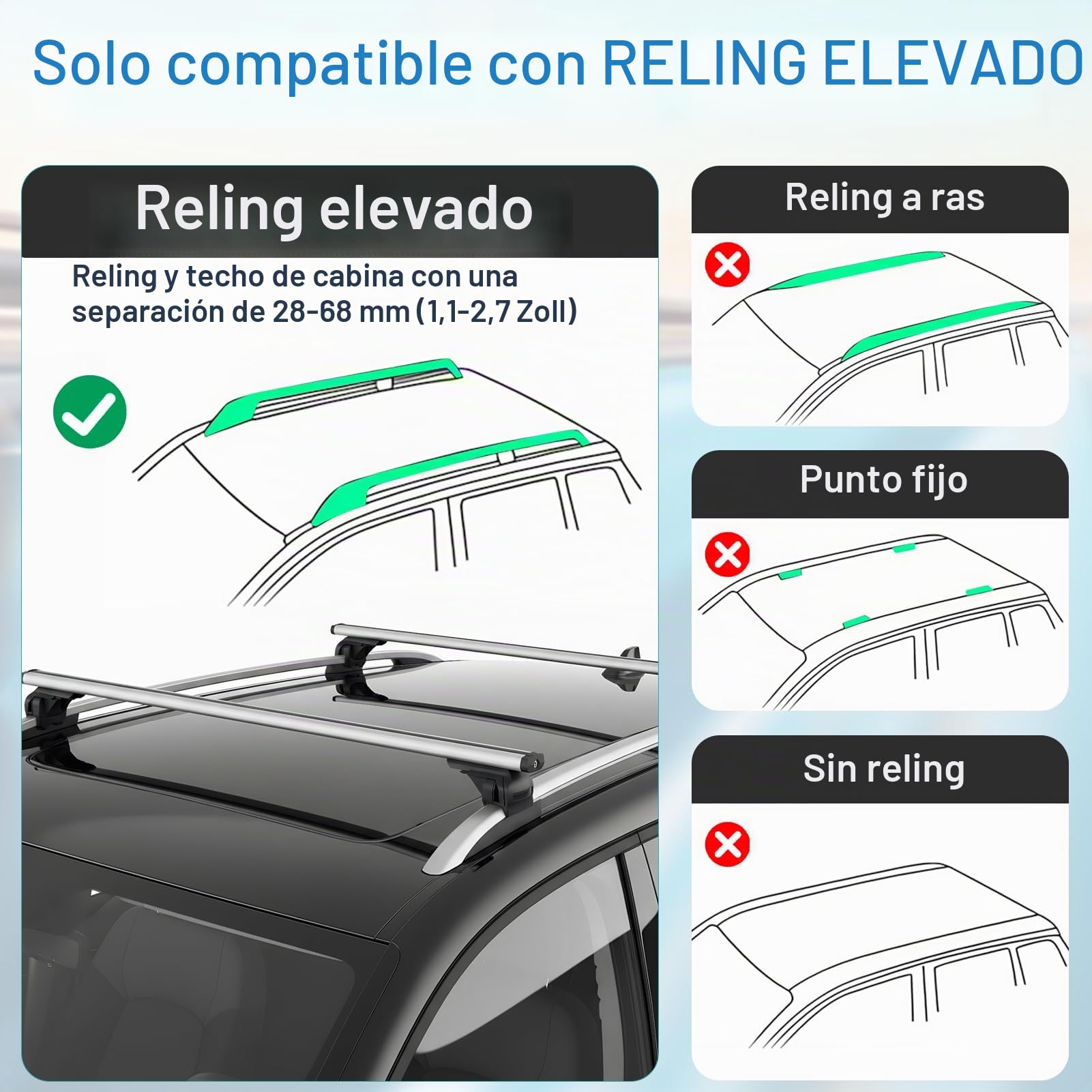 Barras de techo para coche, aluminio, distancia interior de la viga de techo 19-109 cm, apto para modelos con rieles de techo abiertos, soporta hasta 100 kg, adecuado para SUV y otros vehículos