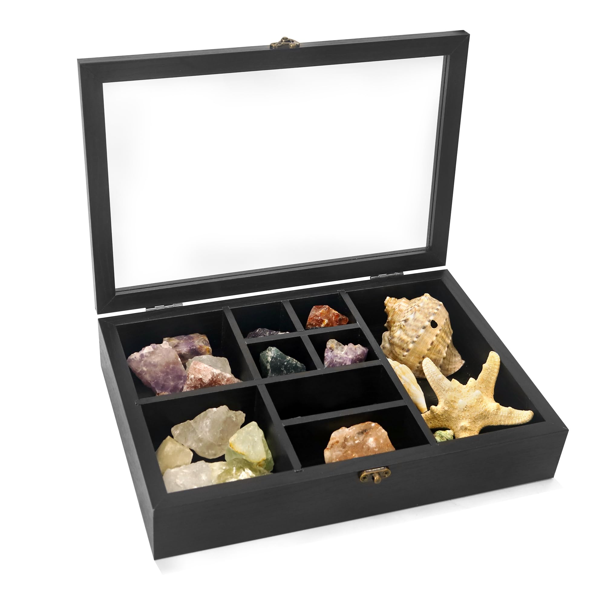 FramePro Rock Display Case, Crystal Collection Box with Shelves, Onyx Opal Crystal Stand Displayed in Grids, Doll Show Holder with Real Glass Lid （Black）