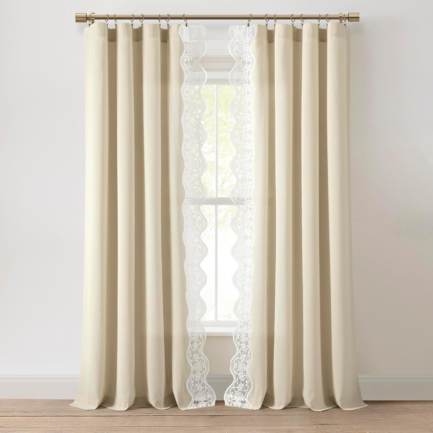 Lush Decor Scallop Edge Lace Border Window Curtain Panel Single 52" W x 84" L Neutral & Off White - Vintage Lace Curtains for Bedroom Or Living Room