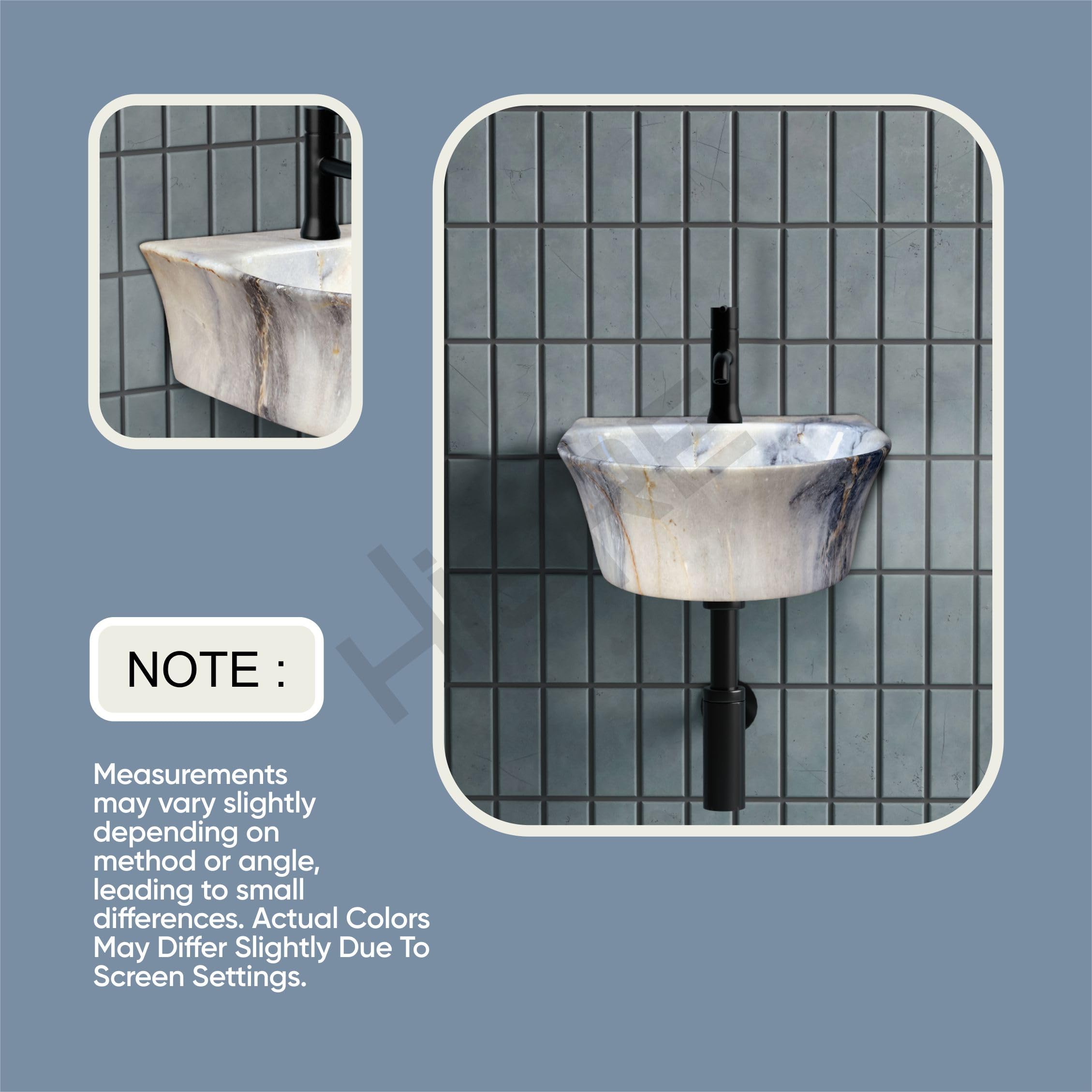 HISRE Wall Mount Wash Basin 13x14x5 Inch | Modern White and Grey-Blue Marble Design Ceramic Sink | Rectangular Bathroom Basin for Home, Office & Hotels, photo 5 of 5