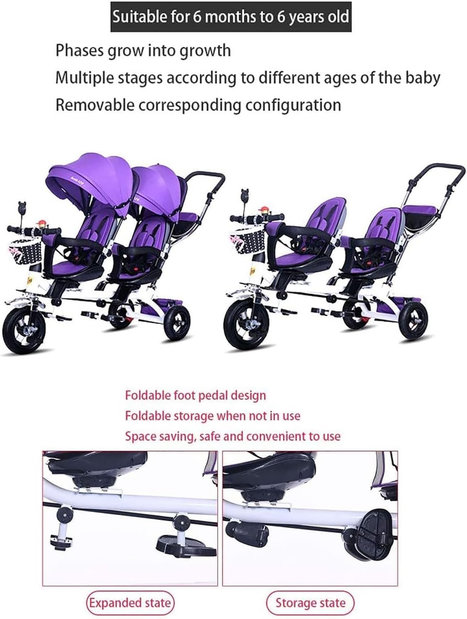 Triciclo per bambini, Triciclo gemellare quattro in uno per bambini, bicicletta a pedali a due posti, passeggino con parasole, maniglia posteriore rimovibile/pedali retrattili(Purple)