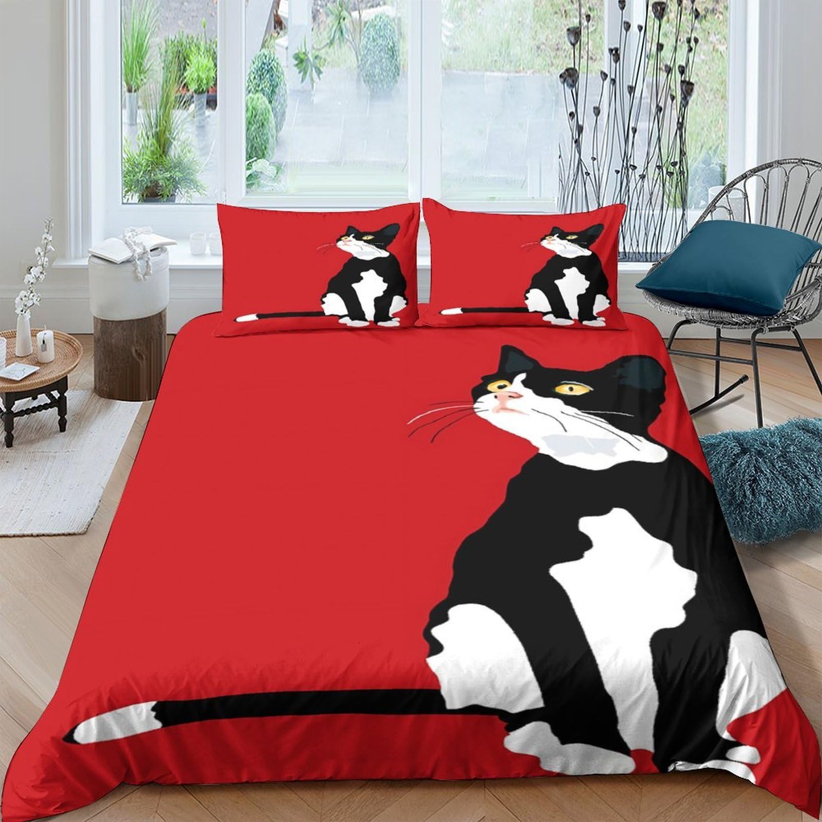 Ctjqhvkz Style-4 3D Printed Black White Cat Fitted Sheet Microfiber Red Cartoon Bed Cover For Bedroom Guest Room Dorm Mattress Protection Single（135X200cm）