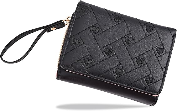 Wallet Women, Cute Black Ladies Girls Wallet, Love Heart Trifold Wallets Woman Business Credit Card Holder with Zipper Purse Pocket for Lovers ID Cards Cash Coin Key Black
