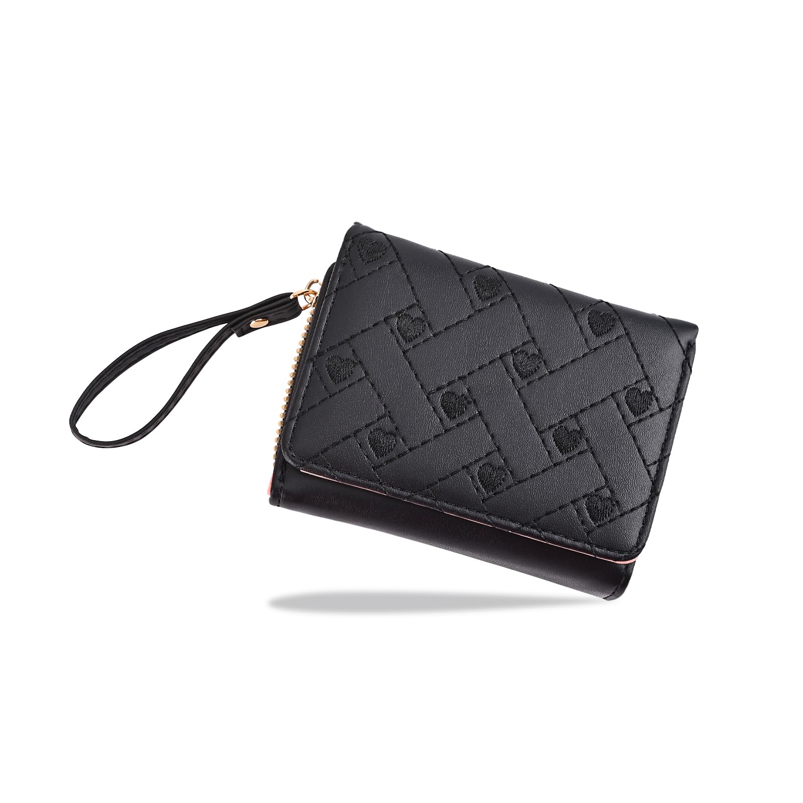 Denovin Wallet Women, Cute Black Ladies Girls Wallet, Love Heart Trifold Wallets Woman Business Credit Card Holder with Zipper Purse Pocket for Lovers