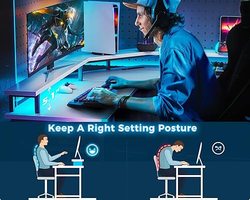 Miniatura 7 de Coleshome Escritorio para juegos en forma de L con luces LED y tomas de corriente, escritorio reversible de 56 pulgadas con soporte completo para