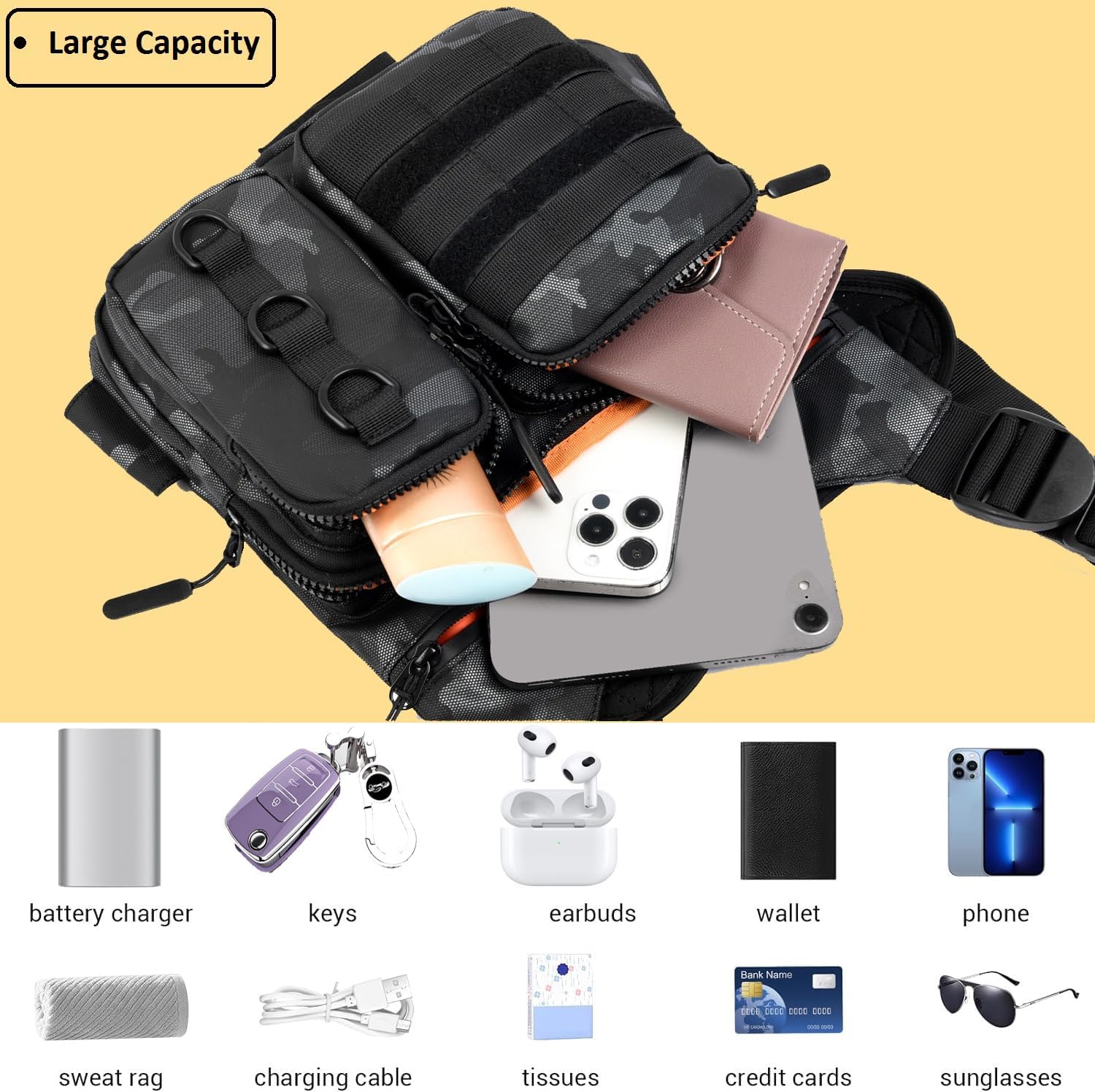 Criuage Outdoor Chest Bag for Men, Lightweight Adjustable Running Vest, Water Resistant EDC Chest Pack with Water Bottle Pocket, Breathable Back Pad for Hiking Cycling Fishing Travel (Camo)