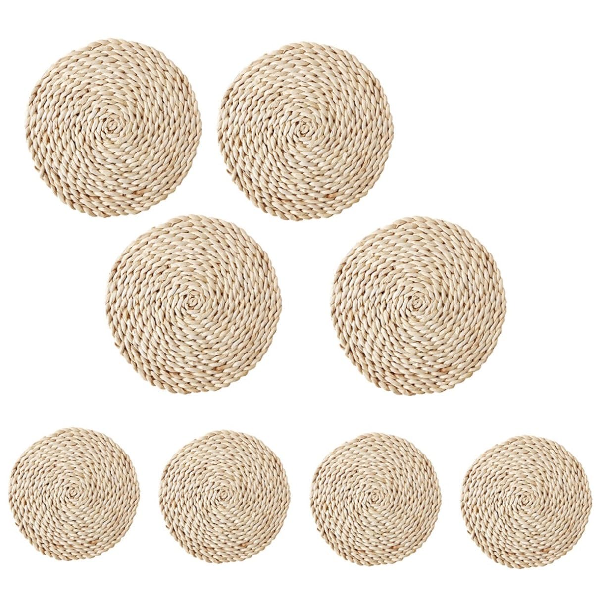 8 pièces Set de Dessous Plats Ronds Paille Naturelle Épais et Isolants Thermiques Protège Table pour Tasses Bols Assiettes Beige de Chaque