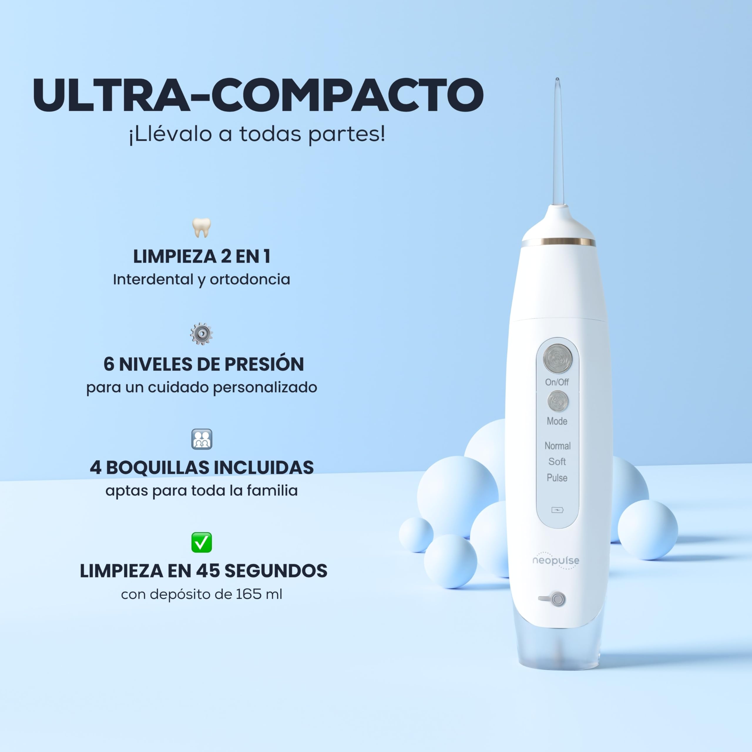 NEOPULSE MY FIRST – Irrigador Dental Portátil, 6 Niveles de Presión, 4 Boquillas Incluidas (2 Clásicas + 2 Ortodónticas), Depósito 165 ml, Recargable USB-C, Ideal Ortodoncia y Encías Sensibles, Blanco