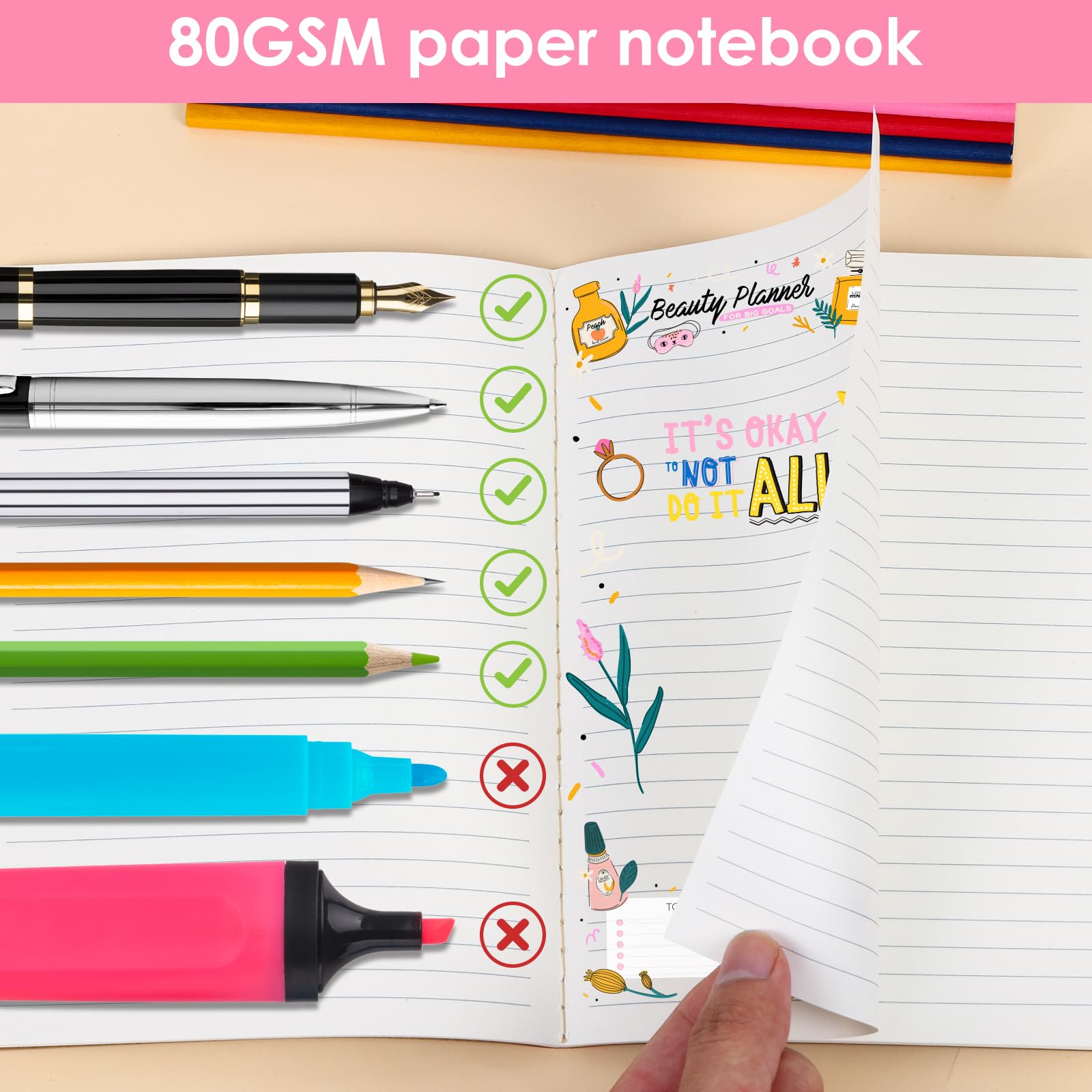 LABUK Notizbücher, A5, liniert, Regenbogenrücken, 15 Farben, 60 Seiten, für Schule, Büro, 40 Stück