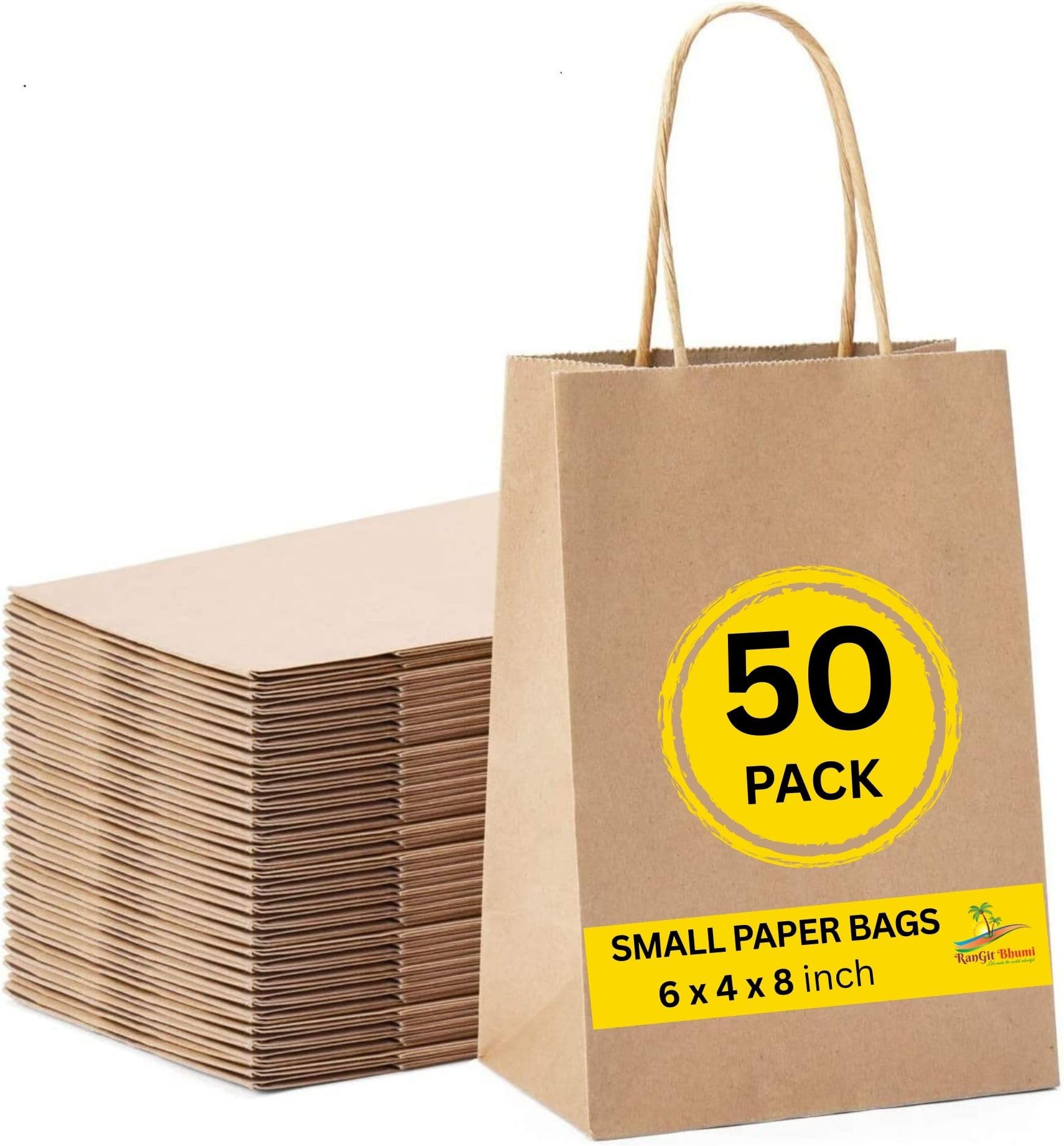 Brown Kraft Paper Bags with Handles, 50pcs Small Return Gift Bags Bulk, Retail, Shopping, Birthday Wedding Party Favour, Merchandise Bags | Small Size: 6x4x8 inch BROWN