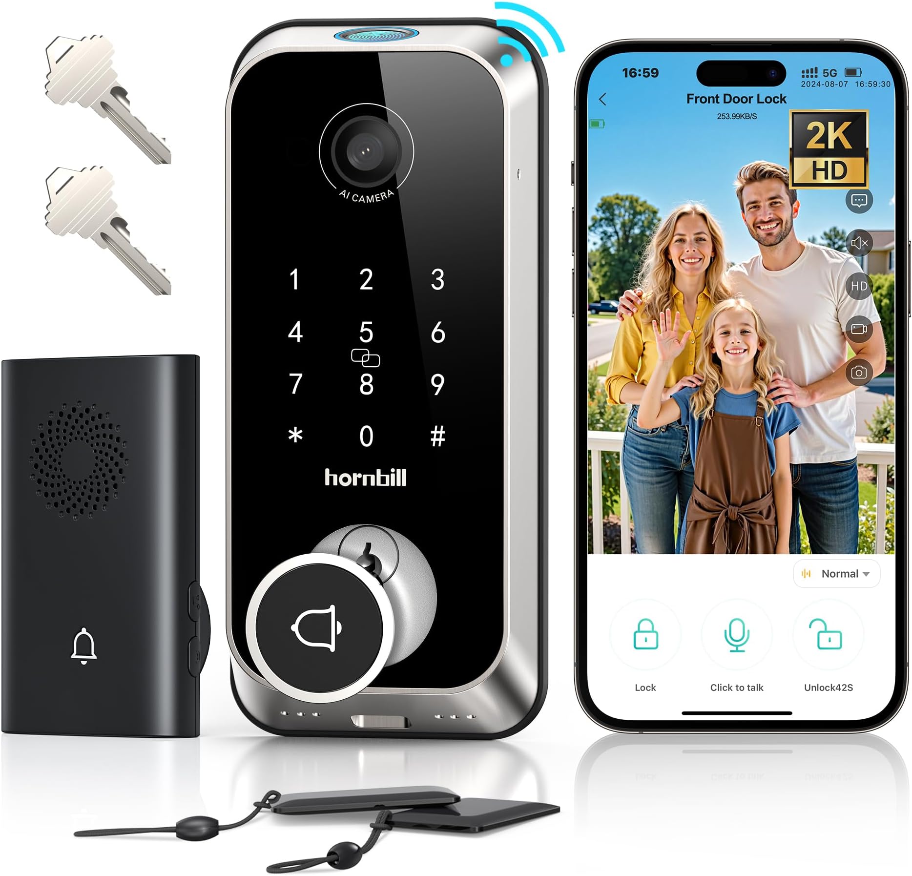 Video Smart Lock with Camera: 4-in-1 Ring+2K Camera+Doorbell+Fingerprint Keyless Entry Door Lock, Built-in WiFi Deadbolt(only 2.4G), Two-Way Audio/App Remote Control/PIR, Satin Nickel
