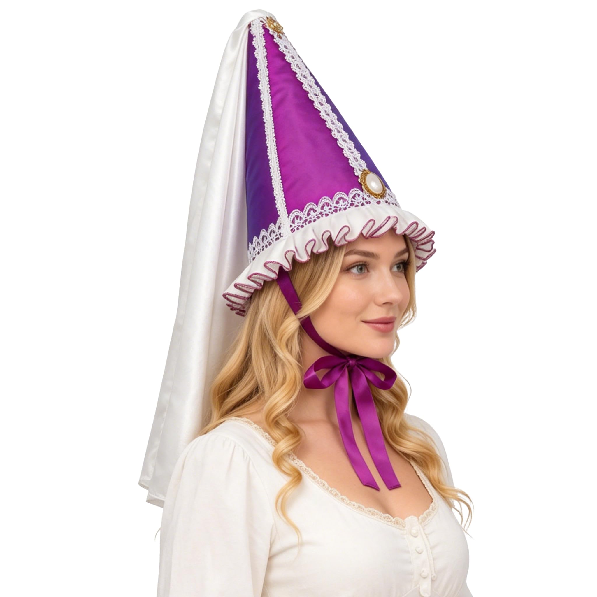 Women Medieval Hennin Cone Hat with Veil, Renaissance Princess Headdress Tall Cone Cap with Pearl and Gold Trim for Costume, Faire and Theatrical Dress (Purple, One Size)