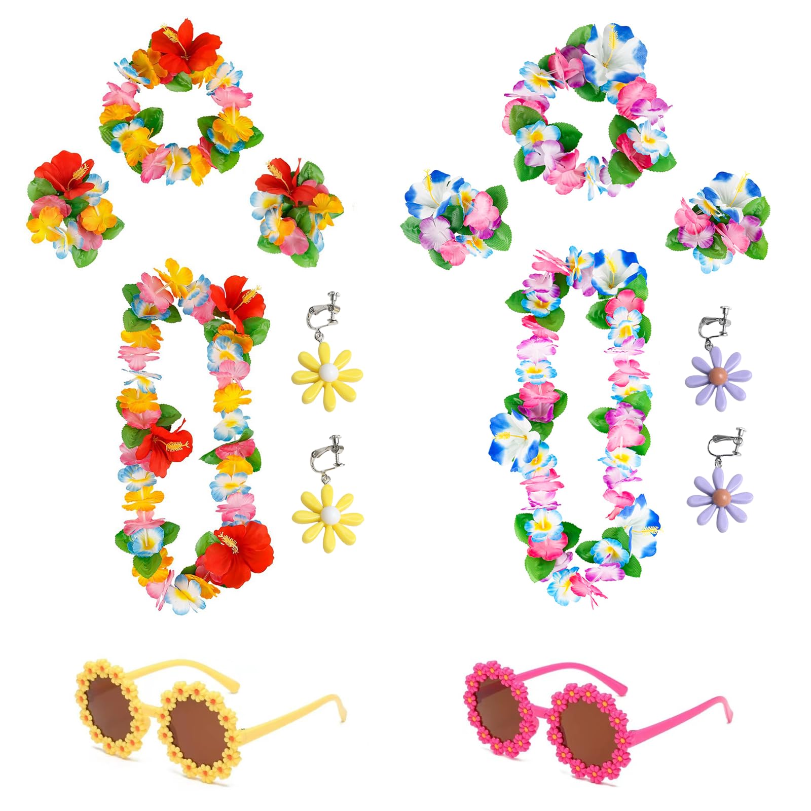 12 Pcs Hawaiian Garland Fancy Dress Accessories with Hawaiian Garlands Necklace Headbands Wristbands Flower Glasses Earings with Clips Hawaiian Theme Beach Holiday Party Decorations for Kids