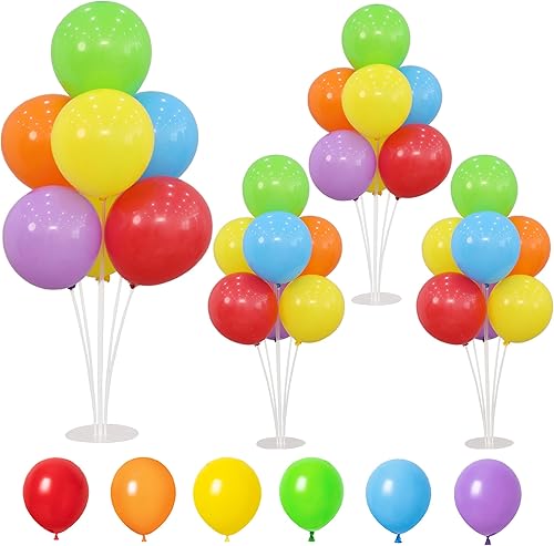 Kit de 4 soportes para globos para mesa con centros de mesa base, soporte para globos de arco iris, decoraciones de fiesta de cumpleaños