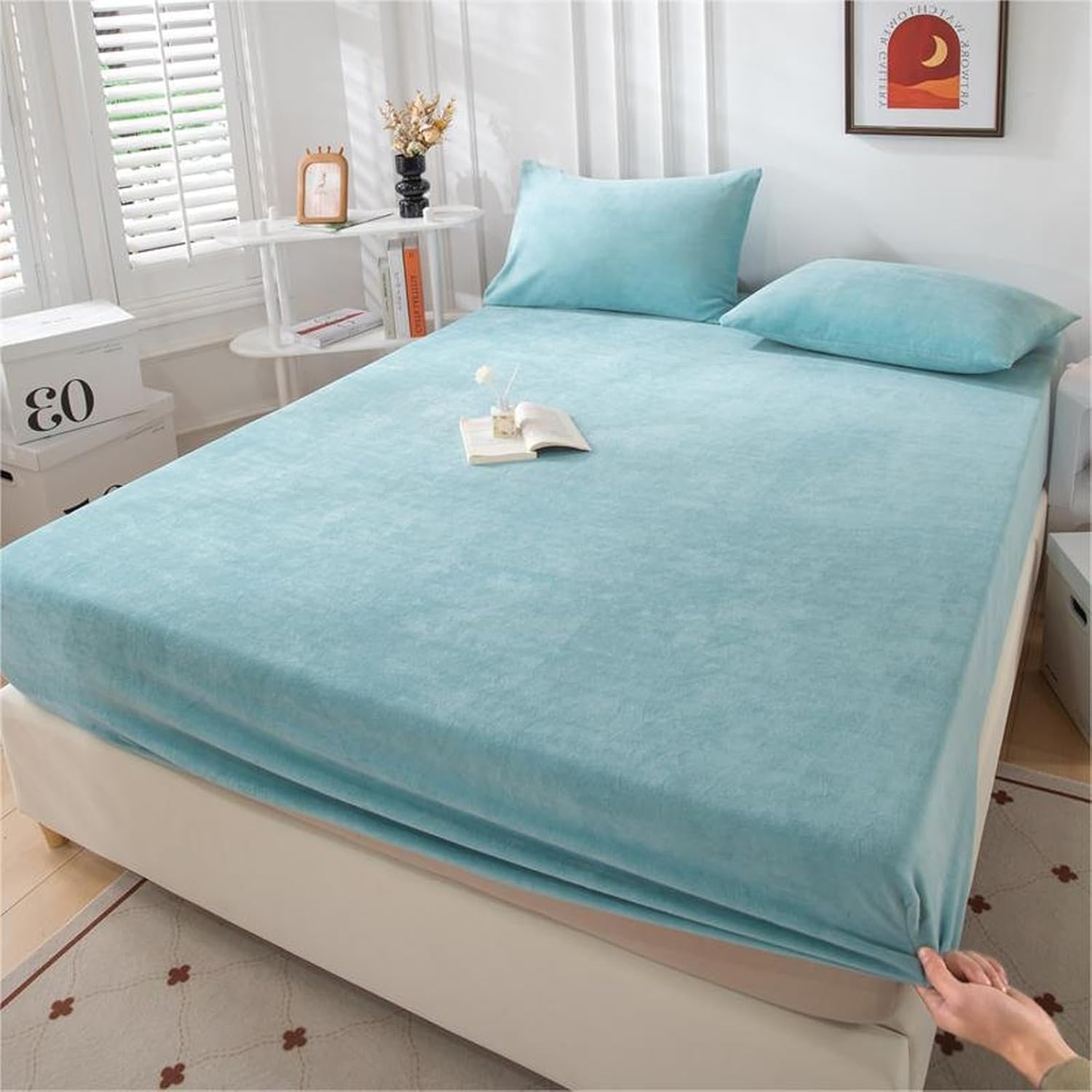 KLUOT Warm Plush Fitted Sheet 200 x 220 + 30 cm Fleece Warm Thermal