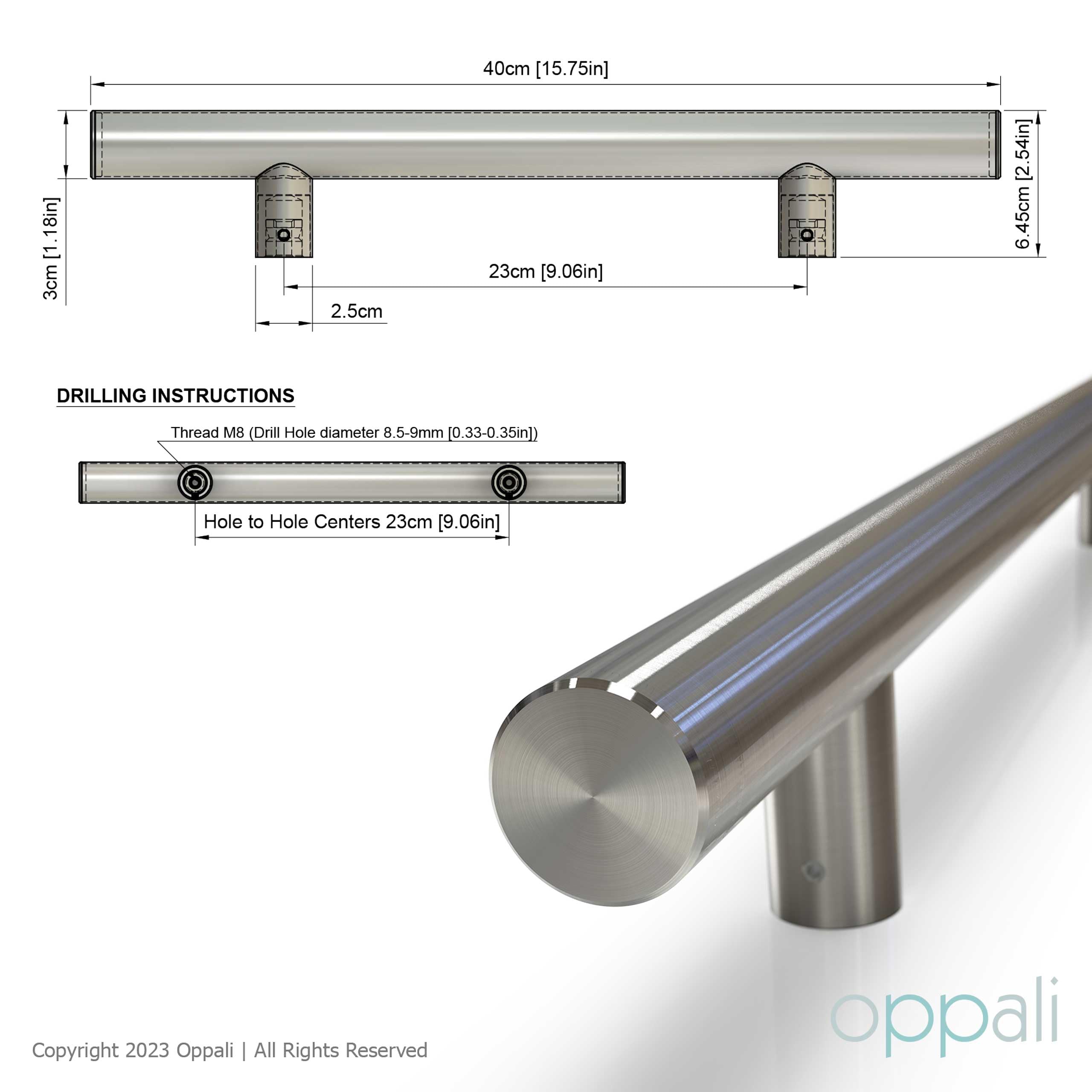 Spazzolato Acciaio Inossidabile 304 Materiale di alta qualità Maniglia per Porta Entrata | Diametro Manico 30mm | Rotondo T-Bar | 40cm Lunghezza totale