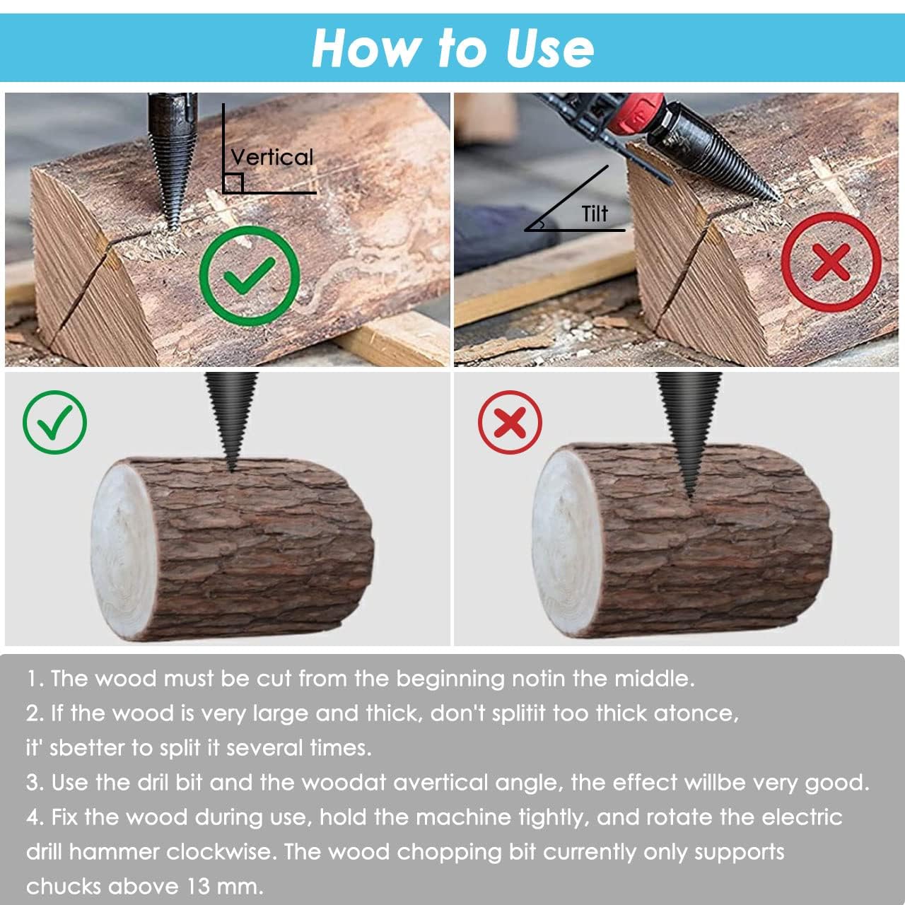 Fendeuse à Bois 42mm Avec 3 Poignées - Foret Conique Pour Perceuse, Pour Chêne, Noyer, Etc.