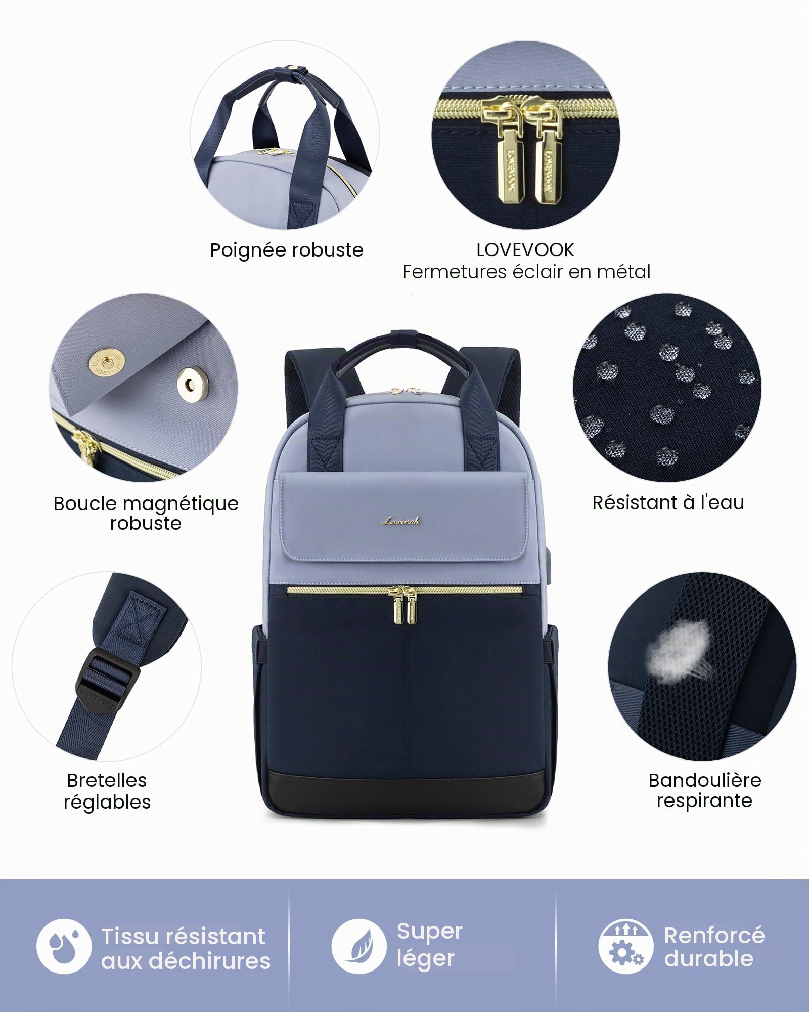 LOVEVOOK Sac a Dos Femme, 17,3 Pouces Sacs à Dos Ordinateur Portable, Antivol Imperméable Sac avec USB Charging Port, Elegant Backpack pour Travail Affaire Voyage Loisir Université
