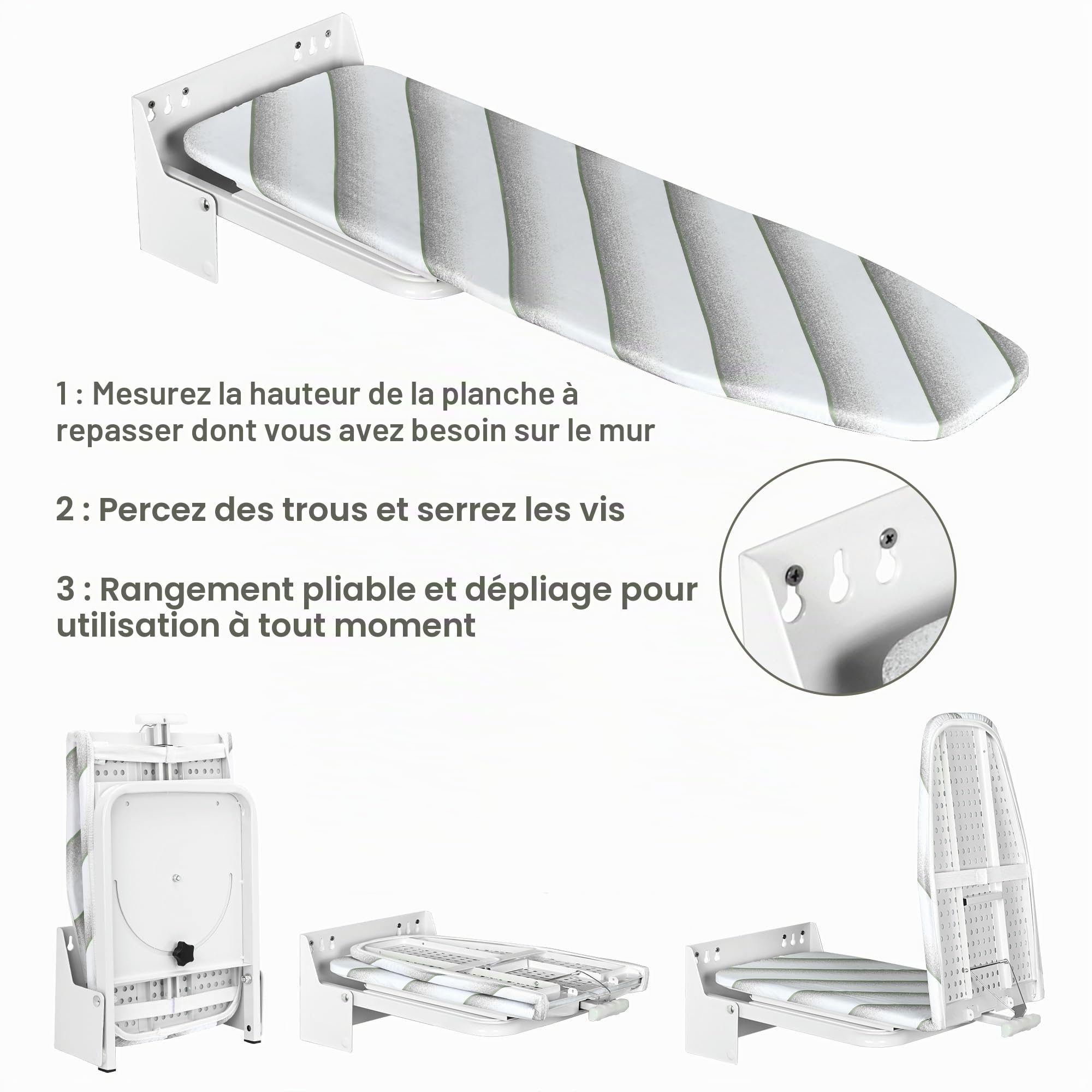 Planche à Repasser Murale avec Housse en Coton résistant à la Chaleur 95 x 33 x 18cm Planche à Repasser Murale Peu encombrante - Rotative à 180 ° - pour Fer à Repasser à Vapeur,