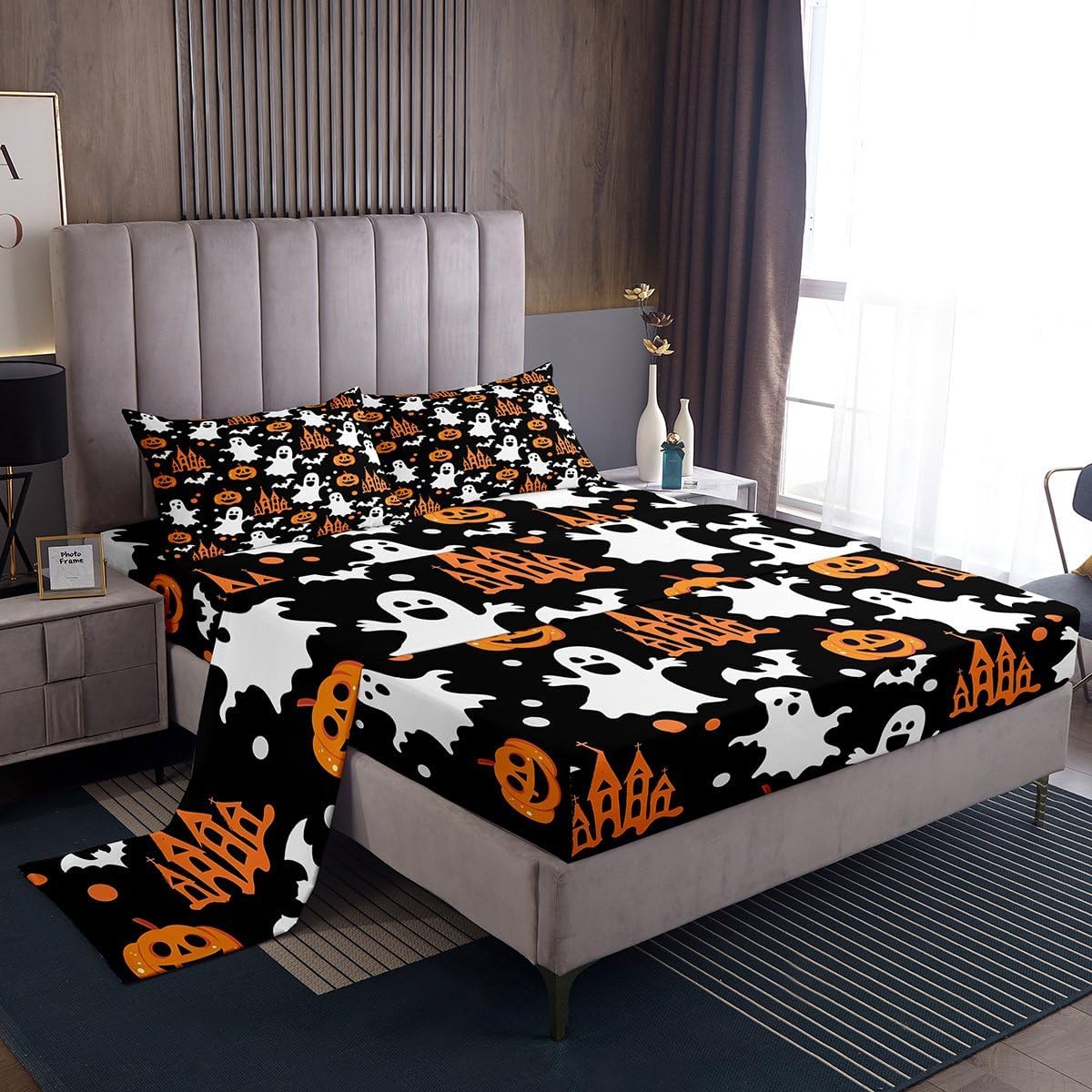 jejeloiu Halloween Decor Bed Sheets Set Full Size Bat Deep Pocket Fitted Sheet Moon Bedding Sets Spooky Halloween Decorations Soft Bed Set 4Pcs with 2 Pillow Cases