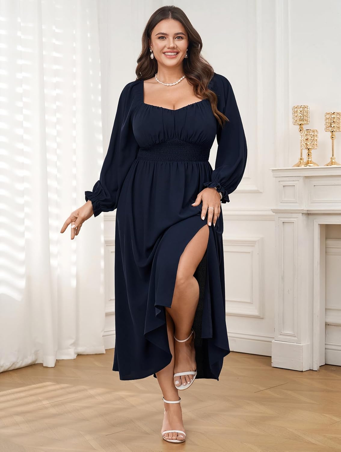 Plus Size Maxi Dresses for Curvy Women Long Sleeve Sweetheart Neckline Smocked Fall Wedding Guest Cocktail Dress Slit - Image 5