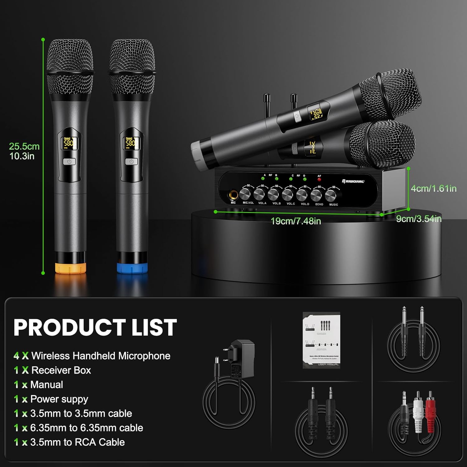 Product list and dimensions of Riworal UHF 4 Channel Wireless Microphone System