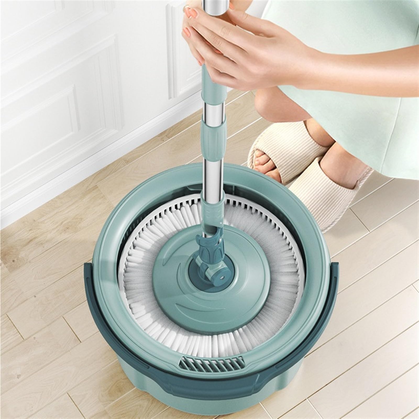 Juego de fregona giratoria de 360 grados con cubo de paño de microfibra y función de absorción de agua, fácil limpieza para suelos domésticos
