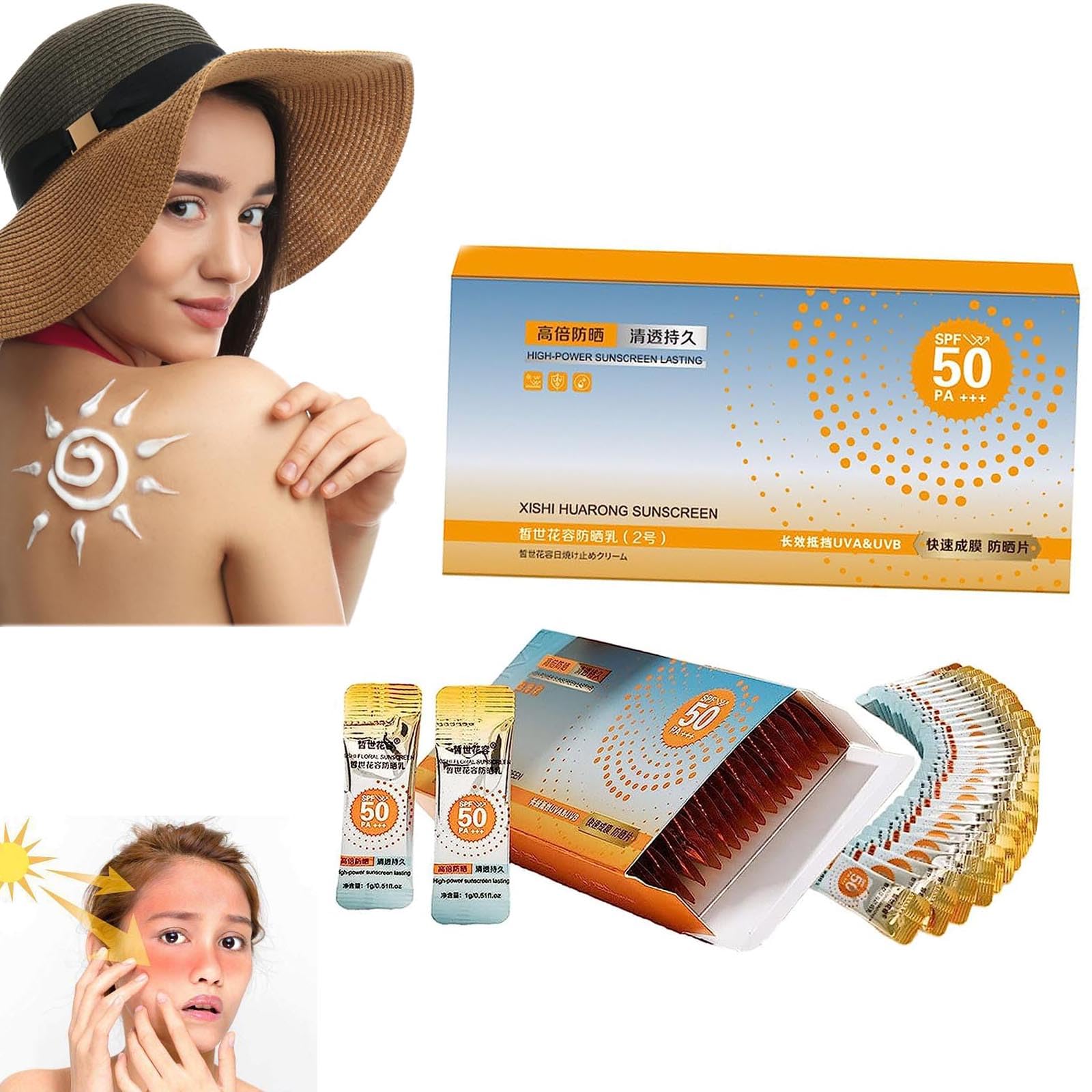 Super Sun Protection Sunscreen,Xishi Huarong Sunscreen Screen, SPF50 PA+++ High Power Sunproof,mini Sunscreen Travel Size,Waterproof Sweatproof Sunscreen Isolation Cream (1 Box)