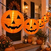 25FT Halloween Pumpkin String Lights with 10 Foldable Nylon Lanterns &amp; 11 G40 LED Bulbs, Connectable Waterproof Outdoor Jack-O-Lantern Lights for Yard Porch Party Decor