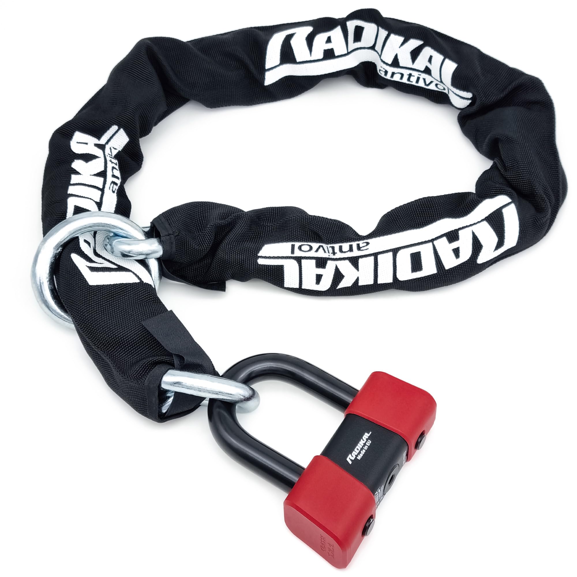RADIKAL RK48120L Cadena Premium Antirrobo Moto + Candado Moto Disco Mini U ø13.5, 120cm Homologado Classe SRA, Cerradura Alta Seguridad, Antirobo Vesátil para Motocicleta, Scooter Bici Anclaje Parking