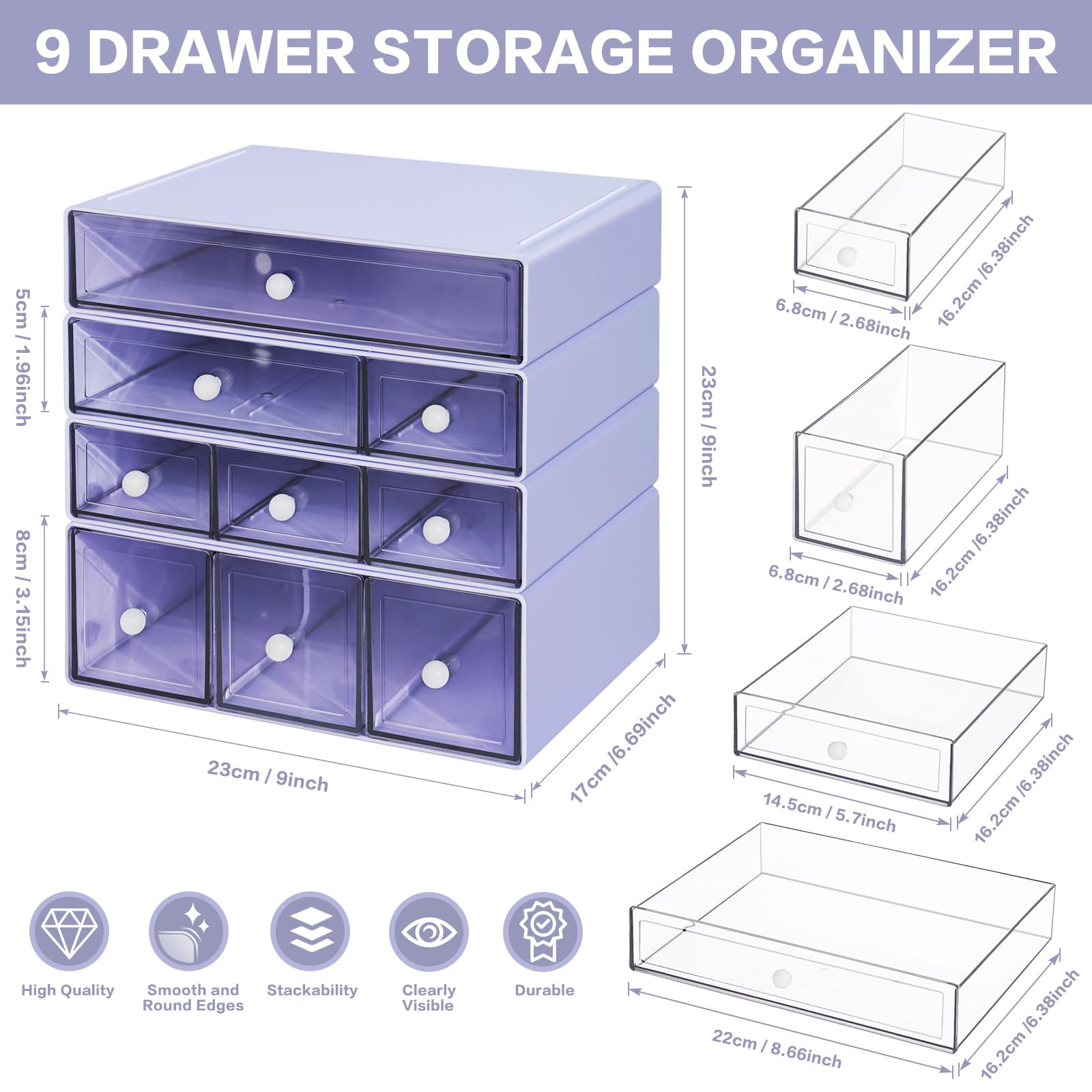 FODIENS - Organizer da scrivania con 9 cassetti, 4 ripiani, impilabili, per oggetti di cancelleria, trucchi, gioielli, ufficio, artigianato, colore: viola