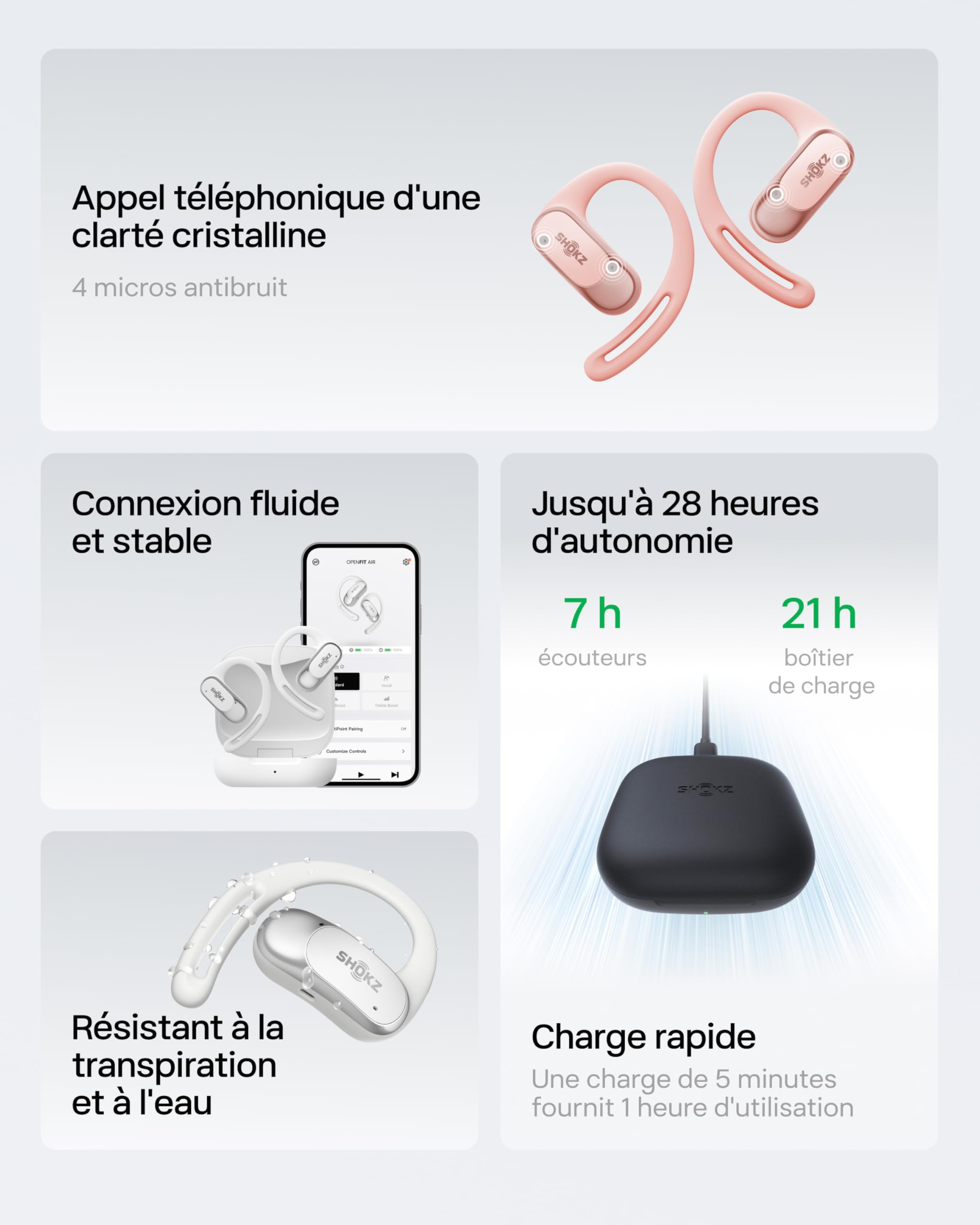 SHOKZ Écouteurs à Oreilles Libres OpenFit Air, Casque Bluetooth sans Fil avec Microphone, écouteurs avec Crochet d'oreille Air, Charge Rapide, 28 h d'autonomie, étanchéité IP54 pour Le Sport - Noir