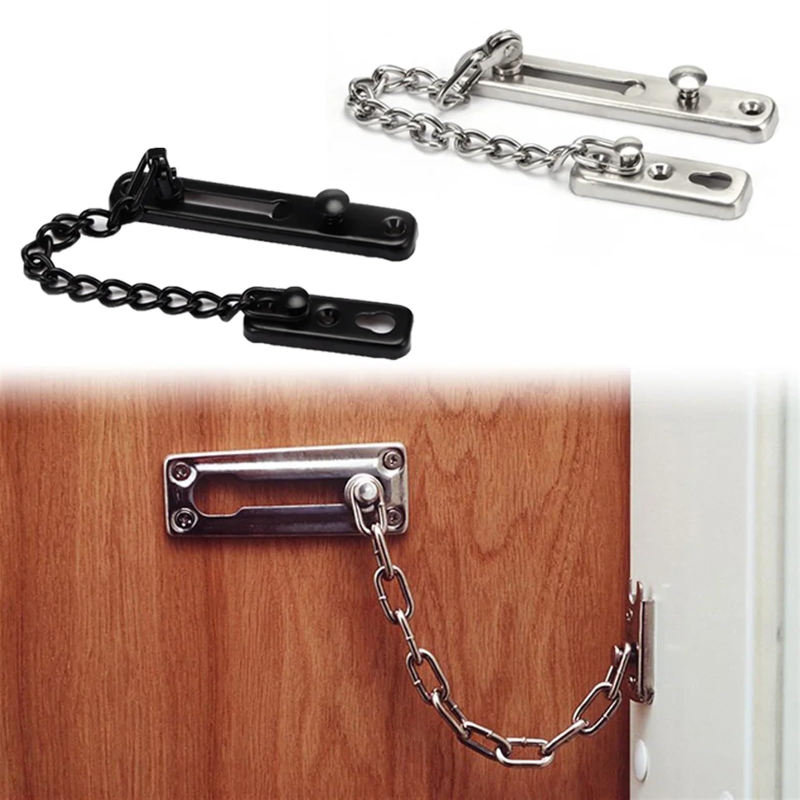 Tür Kettenschloss Türkettenschloss Edelstahl Sicherheitskettenschutz Feder Anti-Diebstahl-Presse Heavy Duty poliert Riegel Schraubenschutz Zubehör(Black)